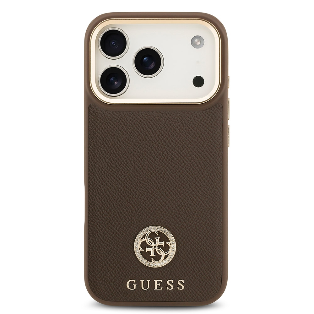 Apple iPhone 17 Pro Kılıf Guess Orjinal Lisanslı M-safe Şarj Özellikli Grained Yazı ve Taşlı 4G Logolu Kapak