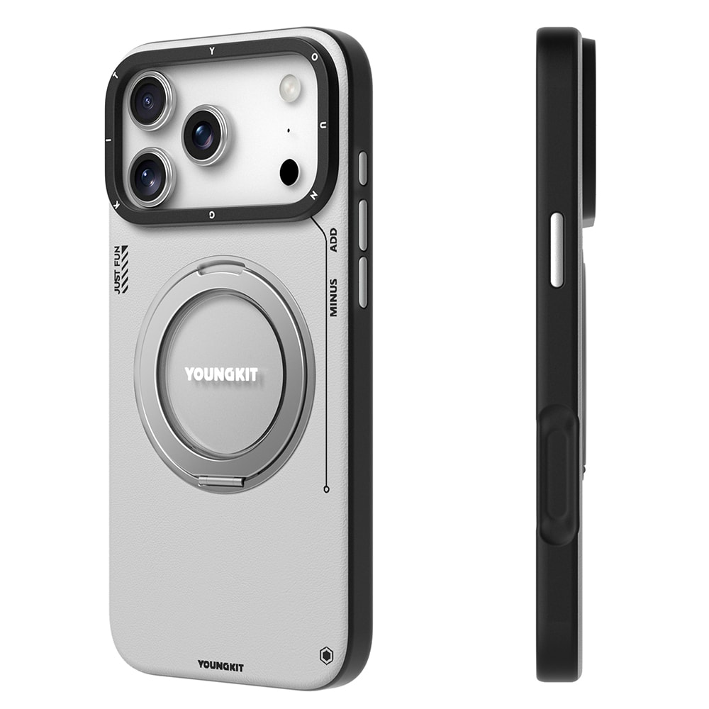 Apple iPhone 17 Pro Max Kılıf M-safe Şarj Özellikli 360 Derece Standlı Basit Mat Deri Desenli Youngkit Tech Leather Serisi Kapak