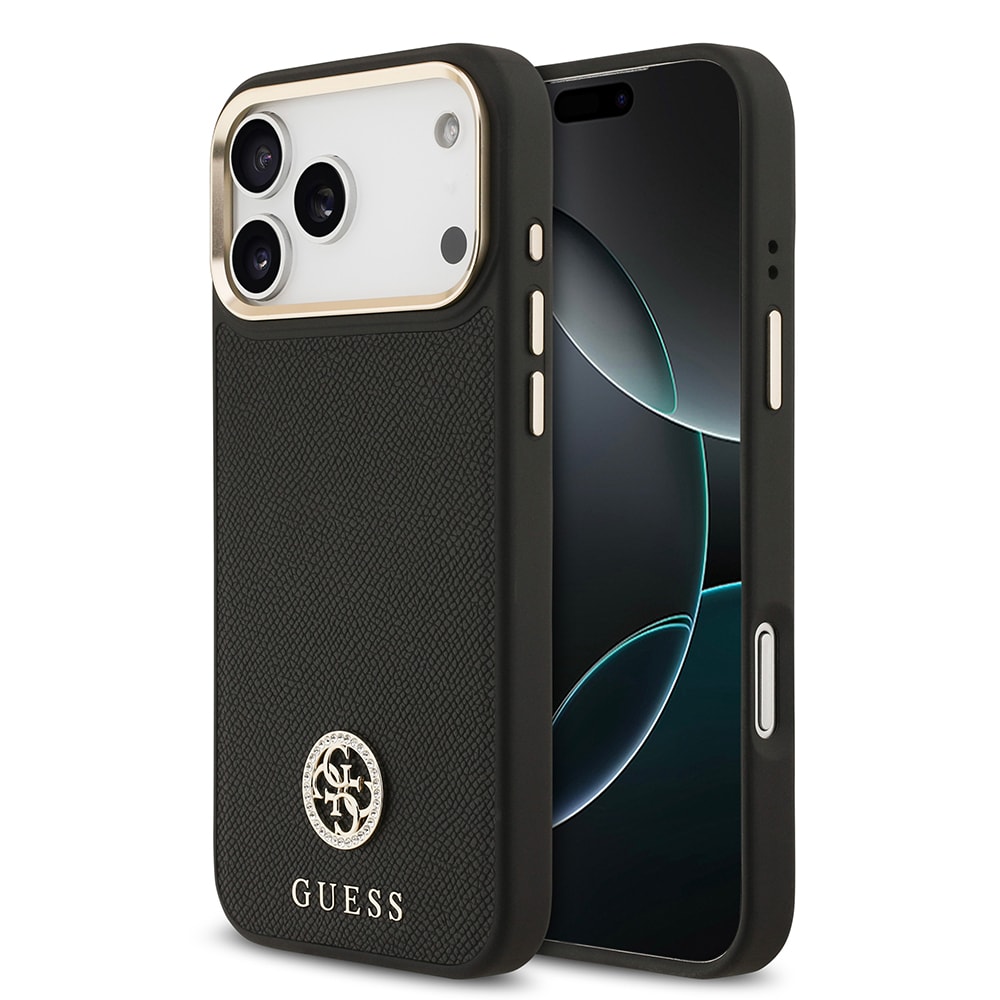 Apple iPhone 17 Pro Max Kılıf Guess Orjinal Lisanslı M-safe Şarj Özellikli Grained Yazı ve Taşlı 4G Logolu Kapak