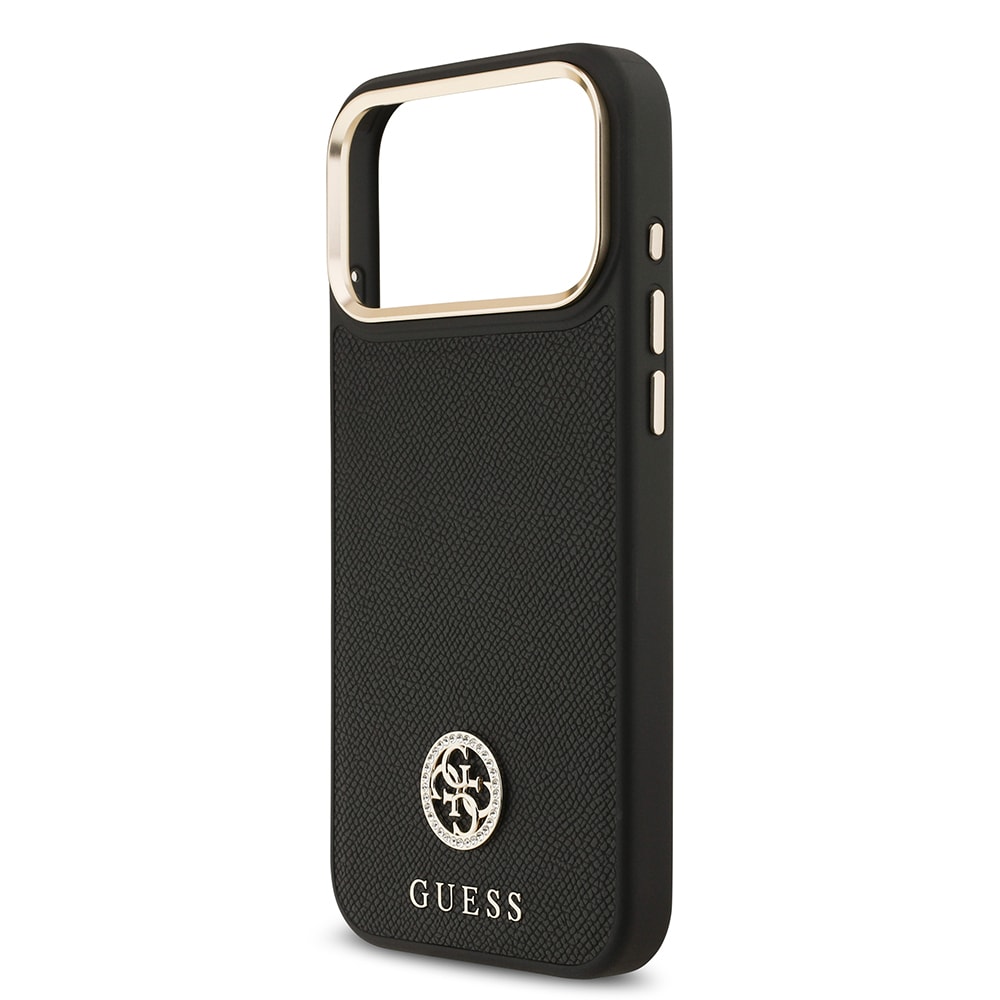 Apple iPhone 17 Pro Max Kılıf Guess Orjinal Lisanslı M-safe Şarj Özellikli Grained Yazı ve Taşlı 4G Logolu Kapak