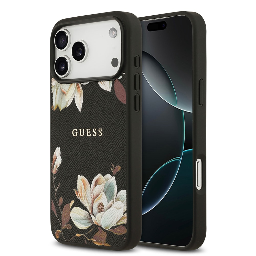 Apple iPhone 17 Pro Max Kılıf Guess Orjinal Lisanslı M-safe Şarj Özellikli Taneli Çiçek Tasarımlı Metal Yazı Logolu Kapak main variant image