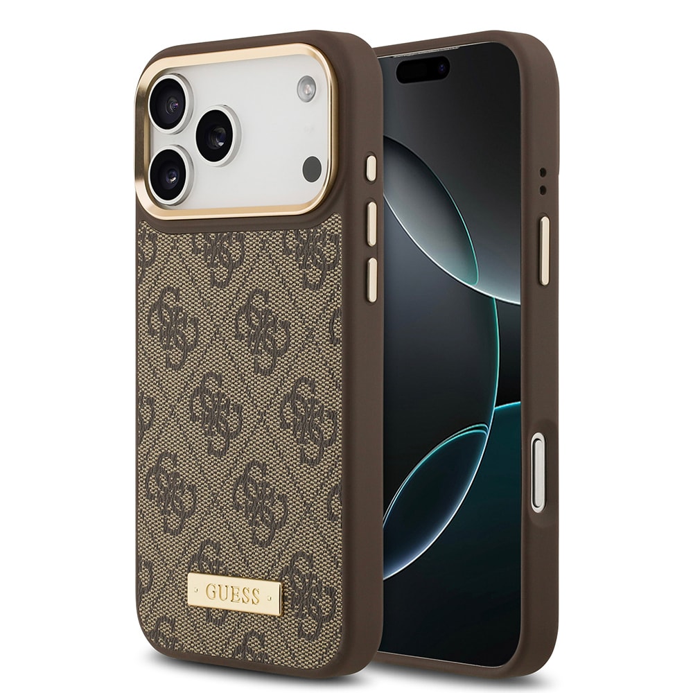 Apple iPhone 17 Pro Max Kılıf Guess Orjinal Lisanslı M-safe Şarj Özellikli 4G Desenli PU Metal Plaka Klasik Logolu Kapak image