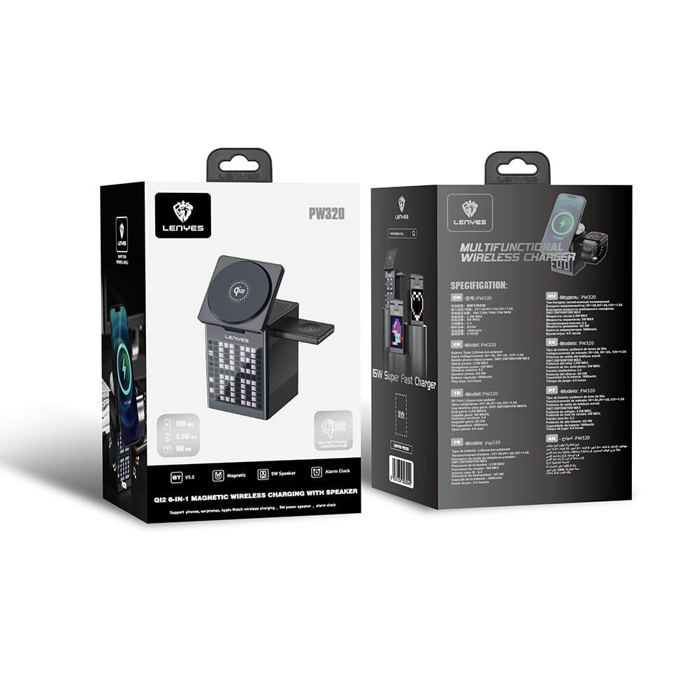 Lenyes PW320 Qi2 Şarj Teknolojili Alarmlı Bluetooth Speaker Özellikli Telefon&Akıllı Saat&Kulaklık 15W 6in1 Kablosuz Şarj Standı