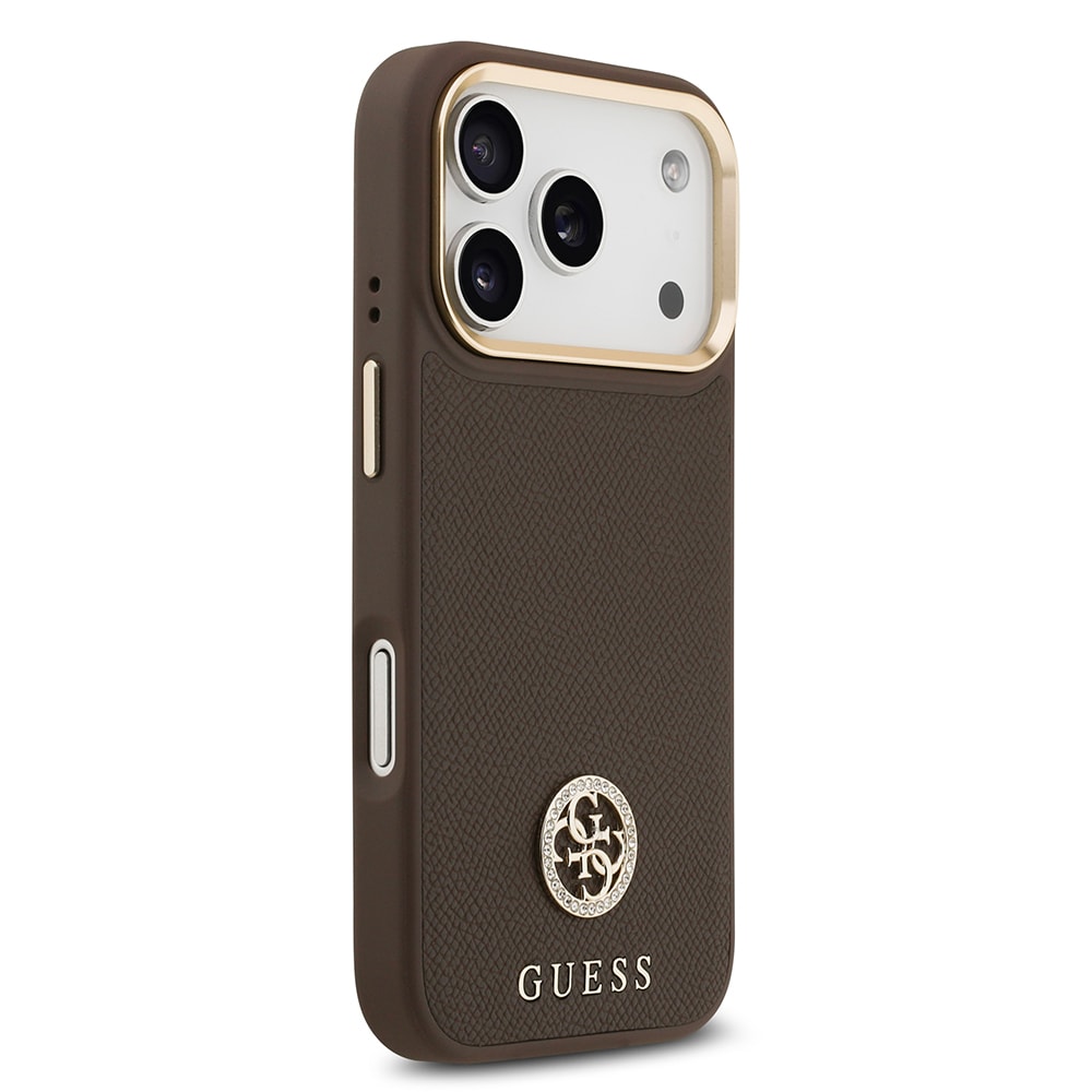 Apple iPhone 17 Pro Kılıf Guess Orjinal Lisanslı M-safe Şarj Özellikli Grained Yazı ve Taşlı 4G Logolu Kapak