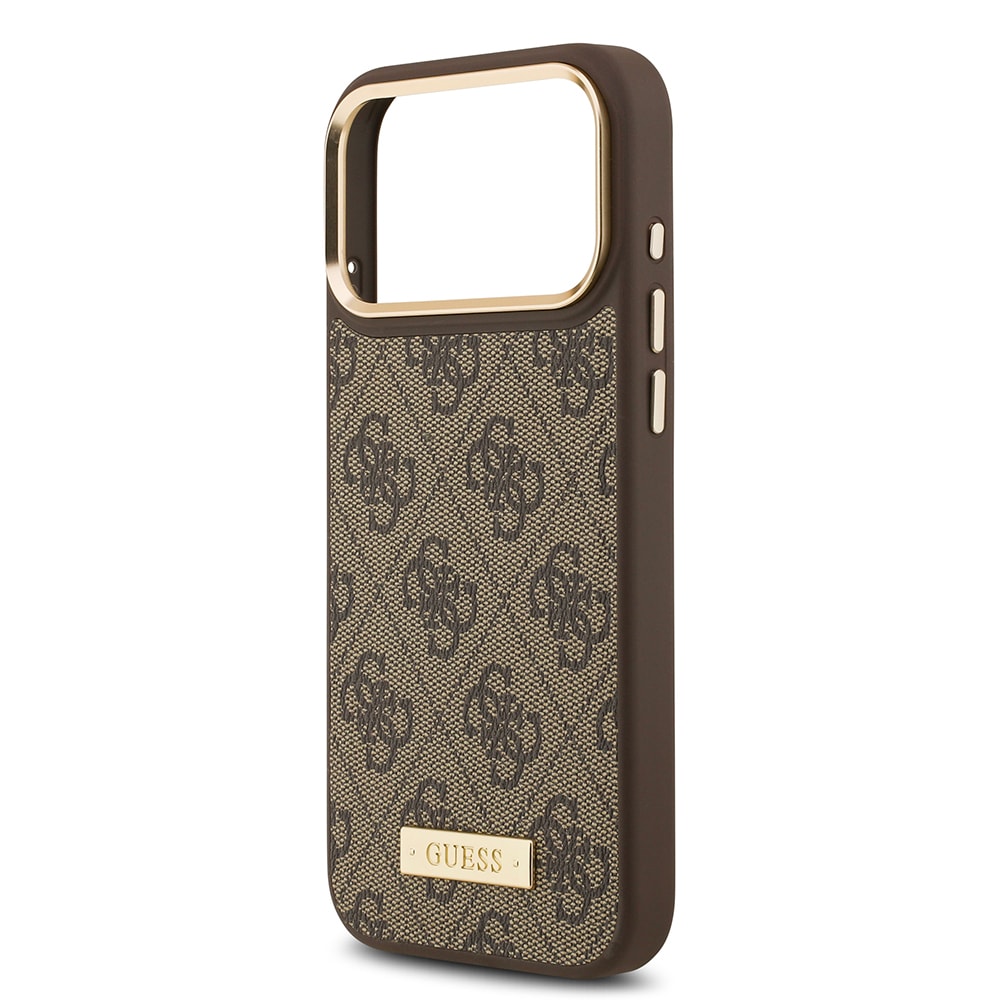 Apple iPhone 17 Pro Max Kılıf Guess Orjinal Lisanslı M-safe Şarj Özellikli 4G Desenli PU Metal Plaka Klasik Logolu Kapak