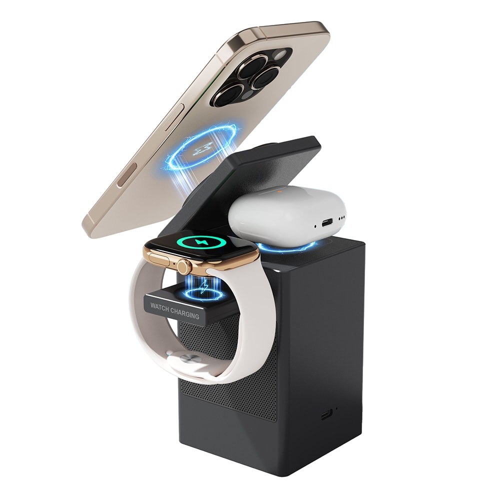 Lenyes PW320 Qi2 Şarj Teknolojili Alarmlı Bluetooth Speaker Özellikli Telefon&Akıllı Saat&Kulaklık 15W 6in1 Kablosuz Şarj Standı