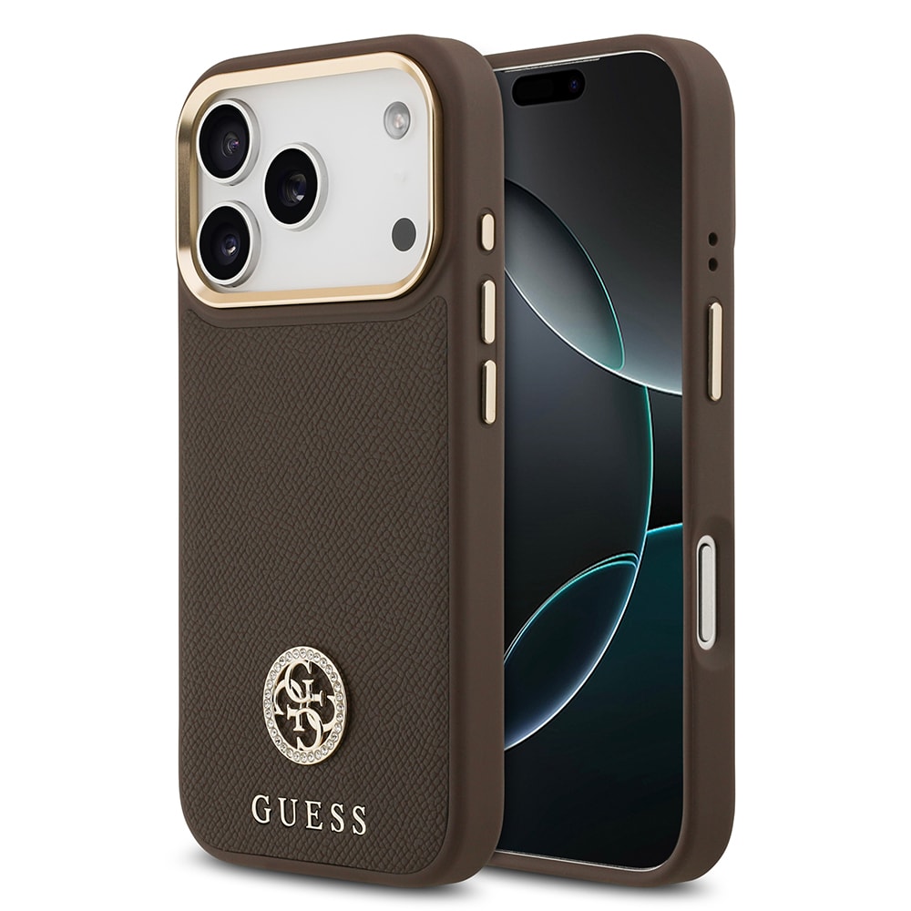 Apple iPhone 17 Pro Kılıf Guess Orjinal Lisanslı M-safe Şarj Özellikli Grained Yazı ve Taşlı 4G Logolu Kapak main variant image