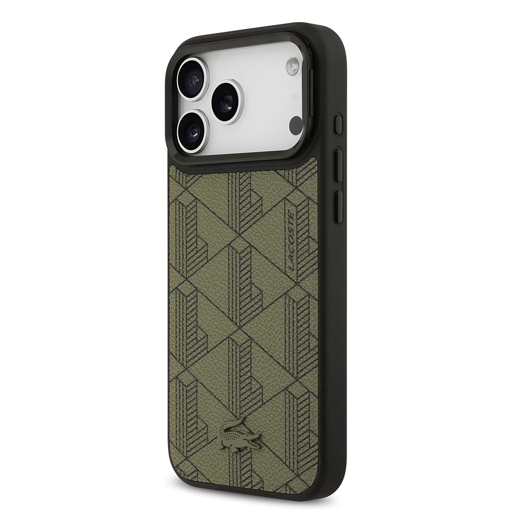 Apple iPhone 17 Pro Max Kılıf Lacoste Orjinal Lisanslı M-safe Şarj Özellikli Standlı PU Deri Karışık Monogram Desenli Kapak