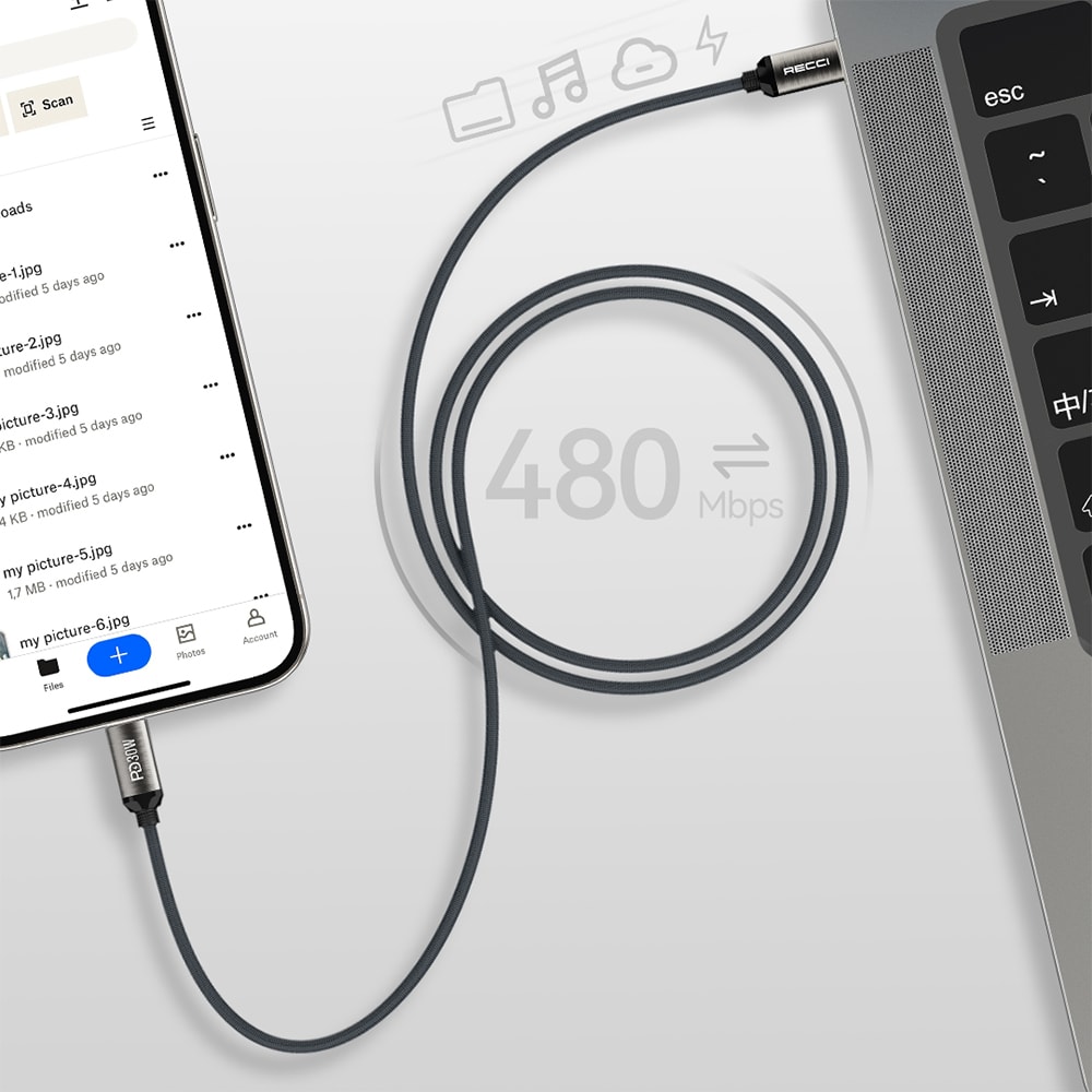 Recci RS35CL Type-C to Lightning PD 30W Örgü Tasarımlı Hızlı Şarj Özellikli Data ve Şarj Kablosu 1M
