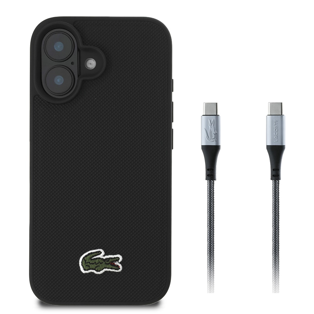 Apple iPhone 16 Kılıf Lacoste Orjinal Lisanslı PU Pike Desenli Arka Yüzey İkonik Timsah Dokuma Logolu Kapak + Type-C Kablo 1.5m image