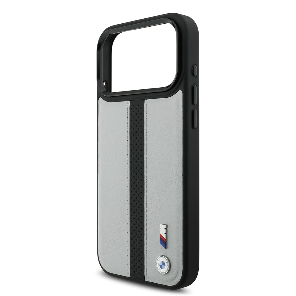 Apple iPhone 17 Pro Kılıf BMW Orjinal Lisanslı M-safe Şarj Özellikli Deri Arka Yüzey Metal Logolu Delikli Şerit Tasarımlı Kapak