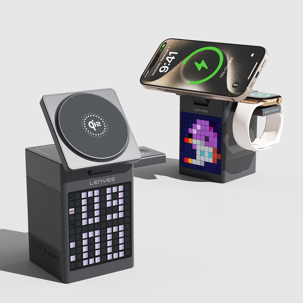 Lenyes PW320 Qi2 Şarj Teknolojili Alarmlı Bluetooth Speaker Özellikli Telefon&Akıllı Saat&Kulaklık 15W 6in1 Kablosuz Şarj Standı