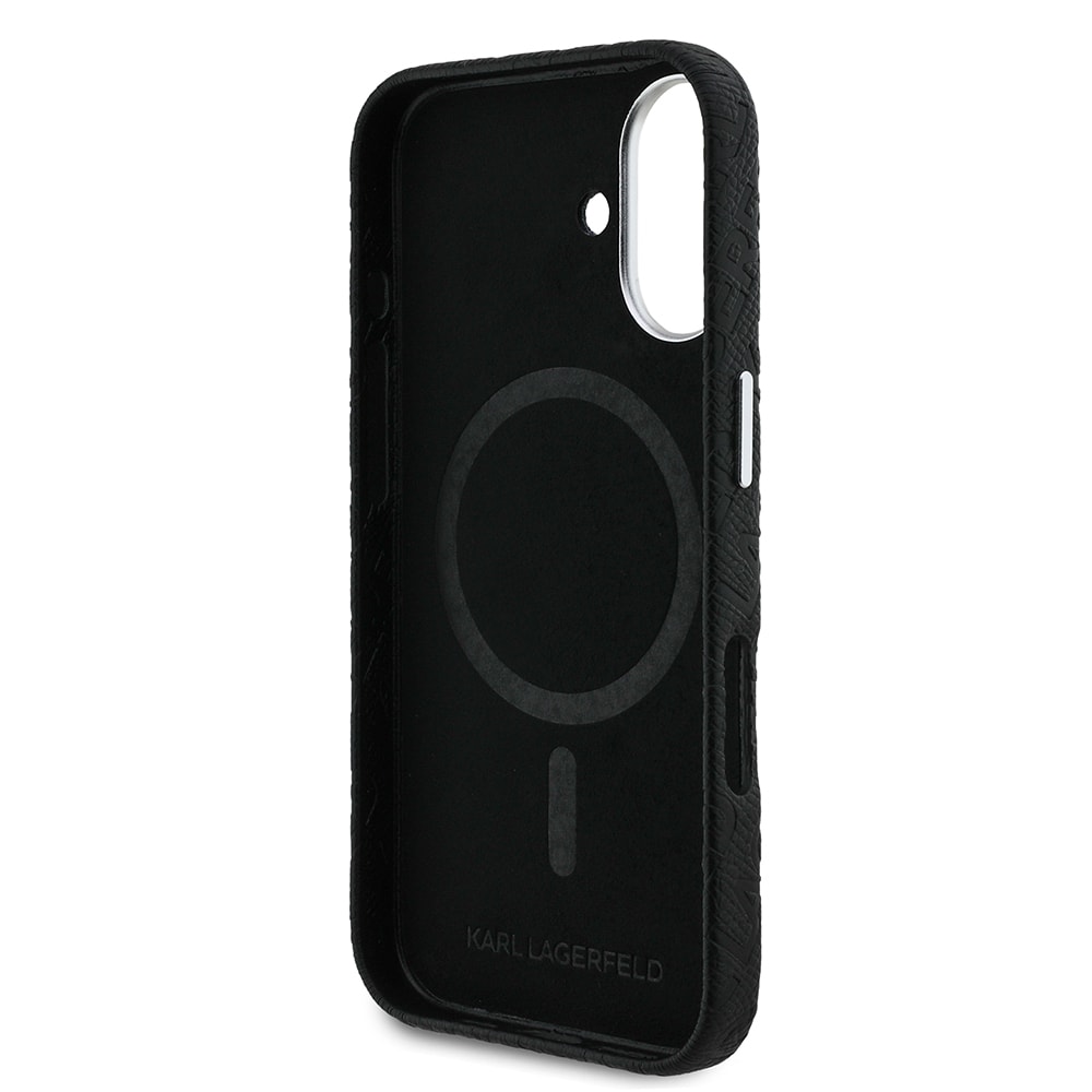 Apple iPhone 16 Kılıf Karl Lagerfeld Orjinal Lisanslı PU Deri Damgalı Metal Yazı Logolu Kapak