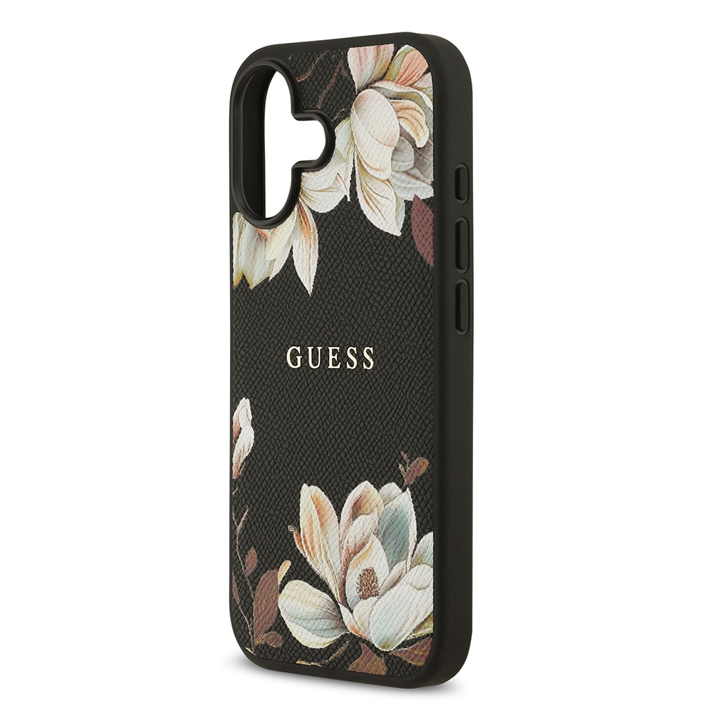 Apple iPhone 17 Kılıf Guess Orjinal Lisanslı M-safe Şarj Özellikli Taneli Çiçek Tasarımlı Metal Yazı Logolu Kapak