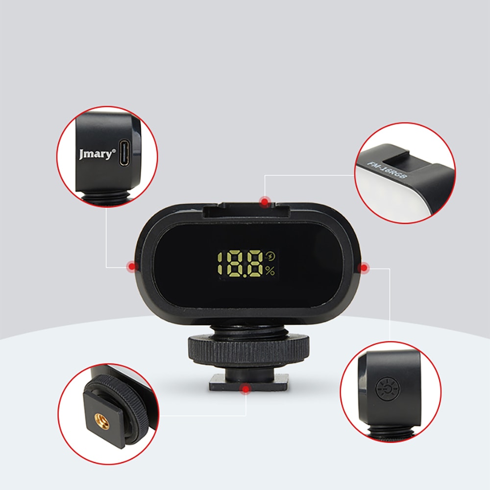 Jmary FM-16RGB Mandallı Dijital LED Göstergeli Telefon-Kamera Üstü RGB Lamba 750mAh