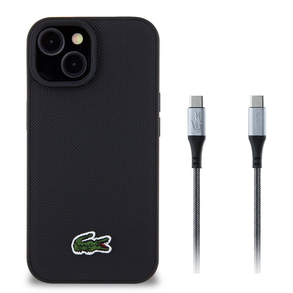Apple iPhone 15 Kılıf Lacoste Orjinal Lisanslı PU Pike Desenli Arka Yüzey İkonik Timsah Dokuma Logolu Kapak + Type-C Kablo 1.5m image
