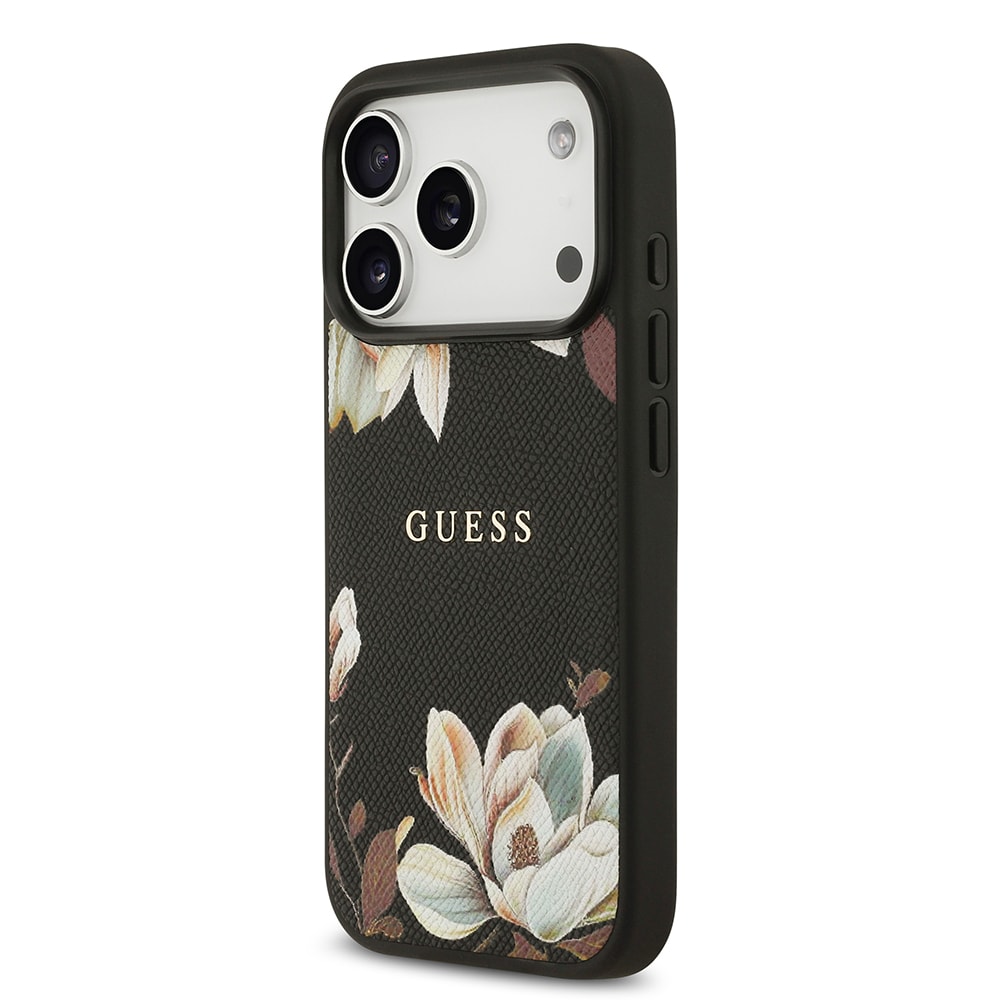 Apple iPhone 17 Pro Kılıf Guess Orjinal Lisanslı M-safe Şarj Özellikli Taneli Çiçek Tasarımlı Metal Yazı Logolu Kapak
