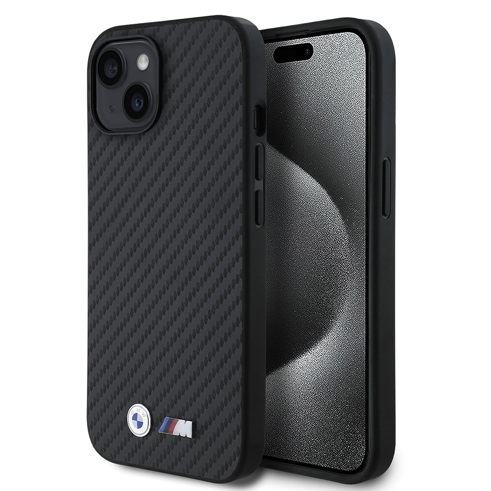 Apple iPhone 15 Kılıf BMW Orjinal Lisanslı Karbon Fiber Tasarımlı ve Metal Logolu PU Deri Kapak