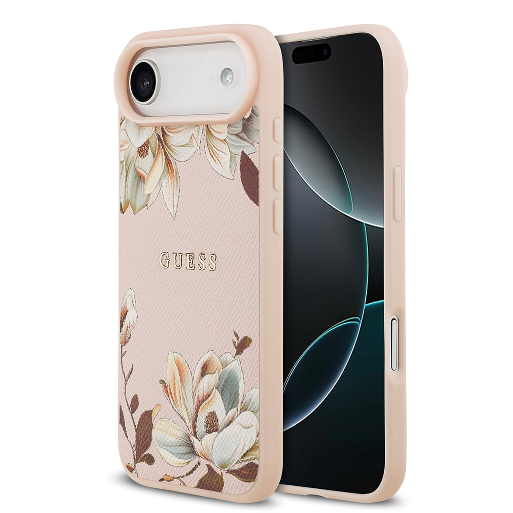 Apple iPhone 17 Air Kılıf Guess Orjinal Lisanslı M-safe Şarj Özellikli Taneli Çiçek Tasarımlı Metal Yazı Logolu Kapak