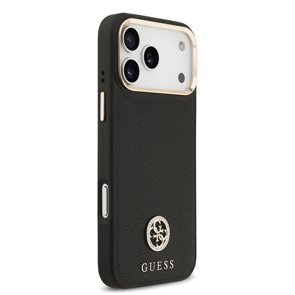 Apple iPhone 17 Pro Max Kılıf Guess Orjinal Lisanslı M-safe Şarj Özellikli Grained Yazı ve Taşlı 4G Logolu Kapak