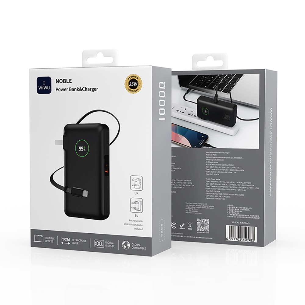 Wiwu Wi-P049 Noble Serisi Type-C Kablolu Dijital LED Göstergeli Powerbank PD 35W 10000mAh