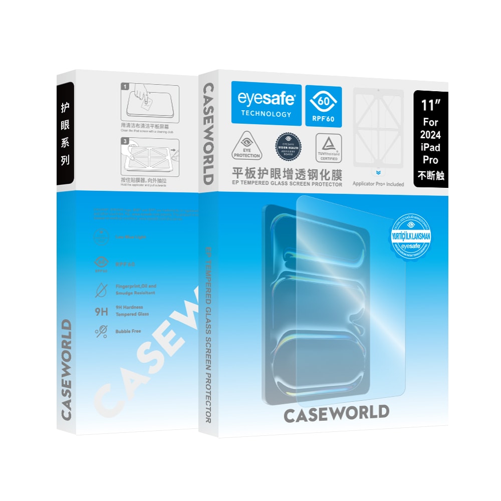 Apple iPad Pro 11 2024 CaseWorld Eyesafe Mavi Işık Teknolojili Temperli Cam Ekran Koruyucu + Uygulama Aparatı