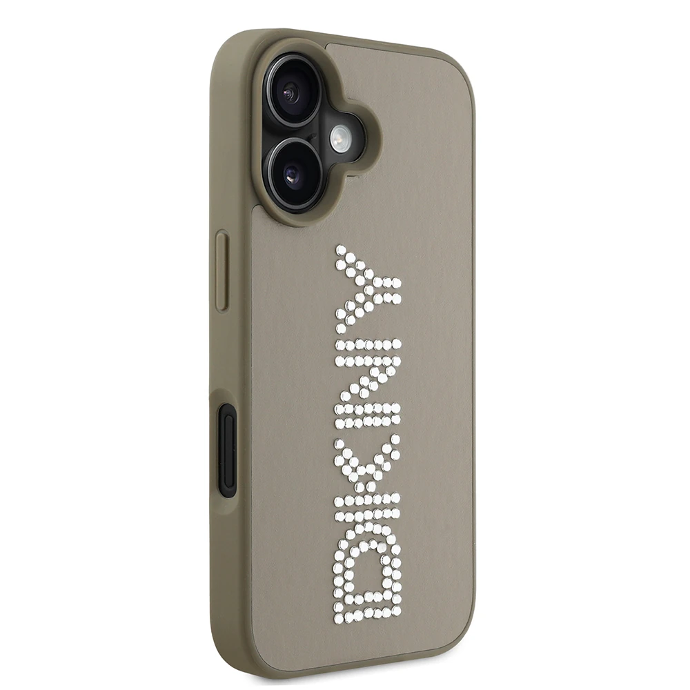 iPhone 16 Kılıf DKNY Orjinal Lisanslı Taşlı DKNY Yazılı Metalik Rhinestones PU Deri Kapak