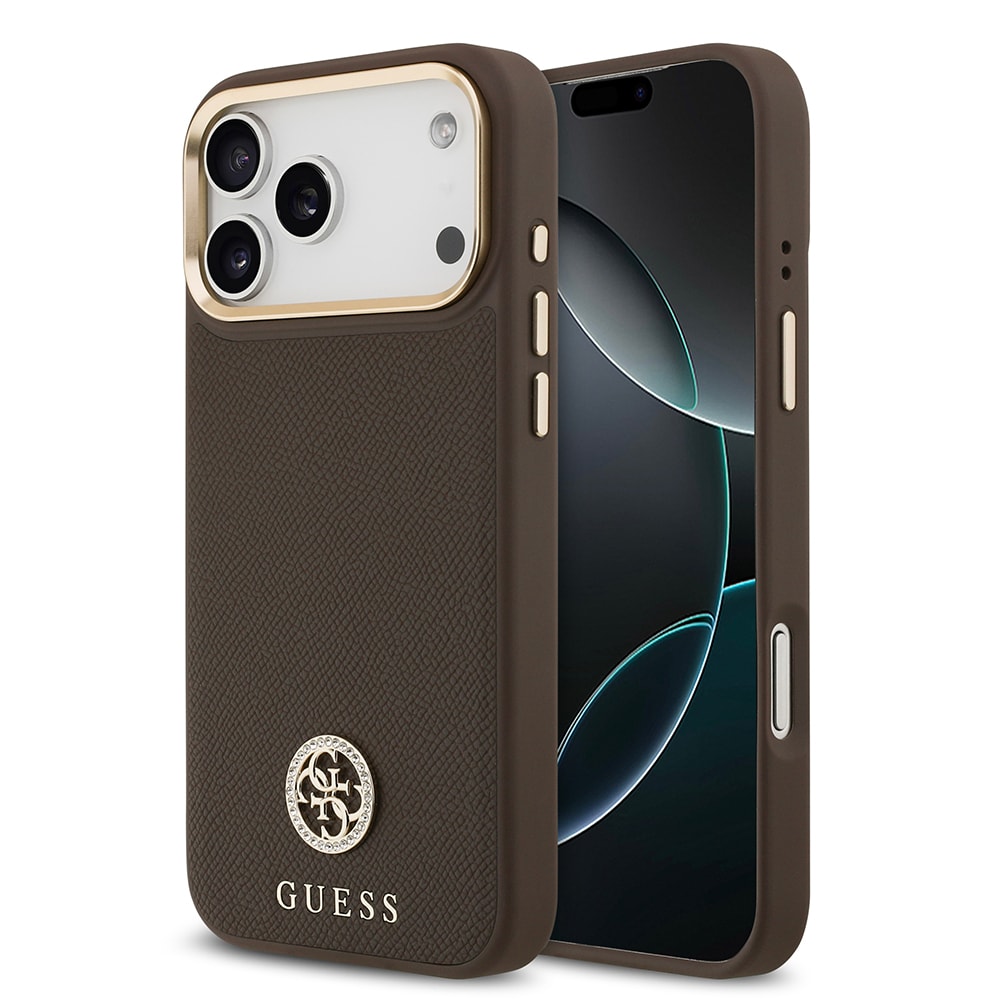 Apple iPhone 17 Pro Max Kılıf Guess Orjinal Lisanslı M-safe Şarj Özellikli Grained Yazı ve Taşlı 4G Logolu Kapak main variant image