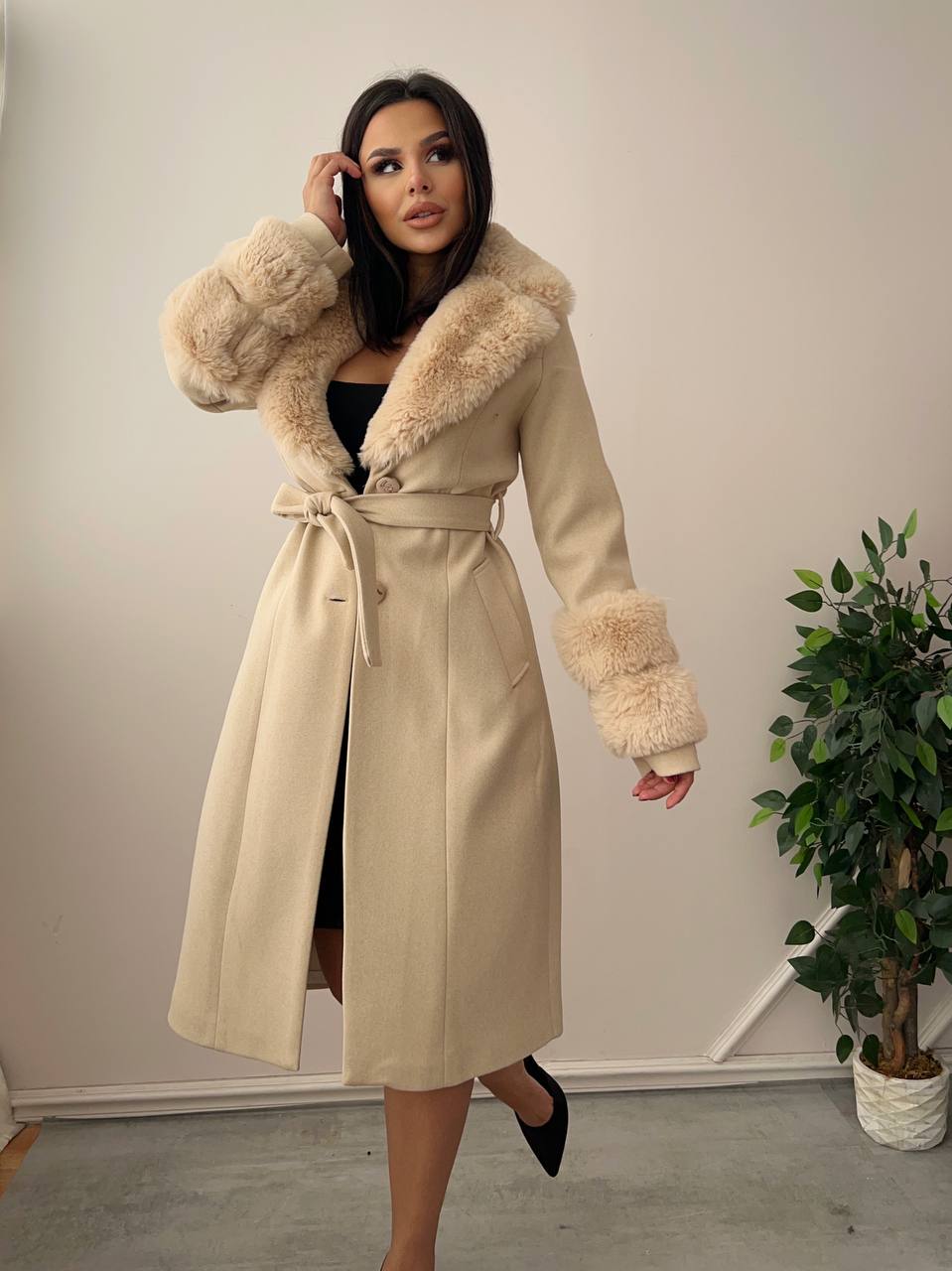 Mia Kürk Detaylı Kaşe Kaban - Taş