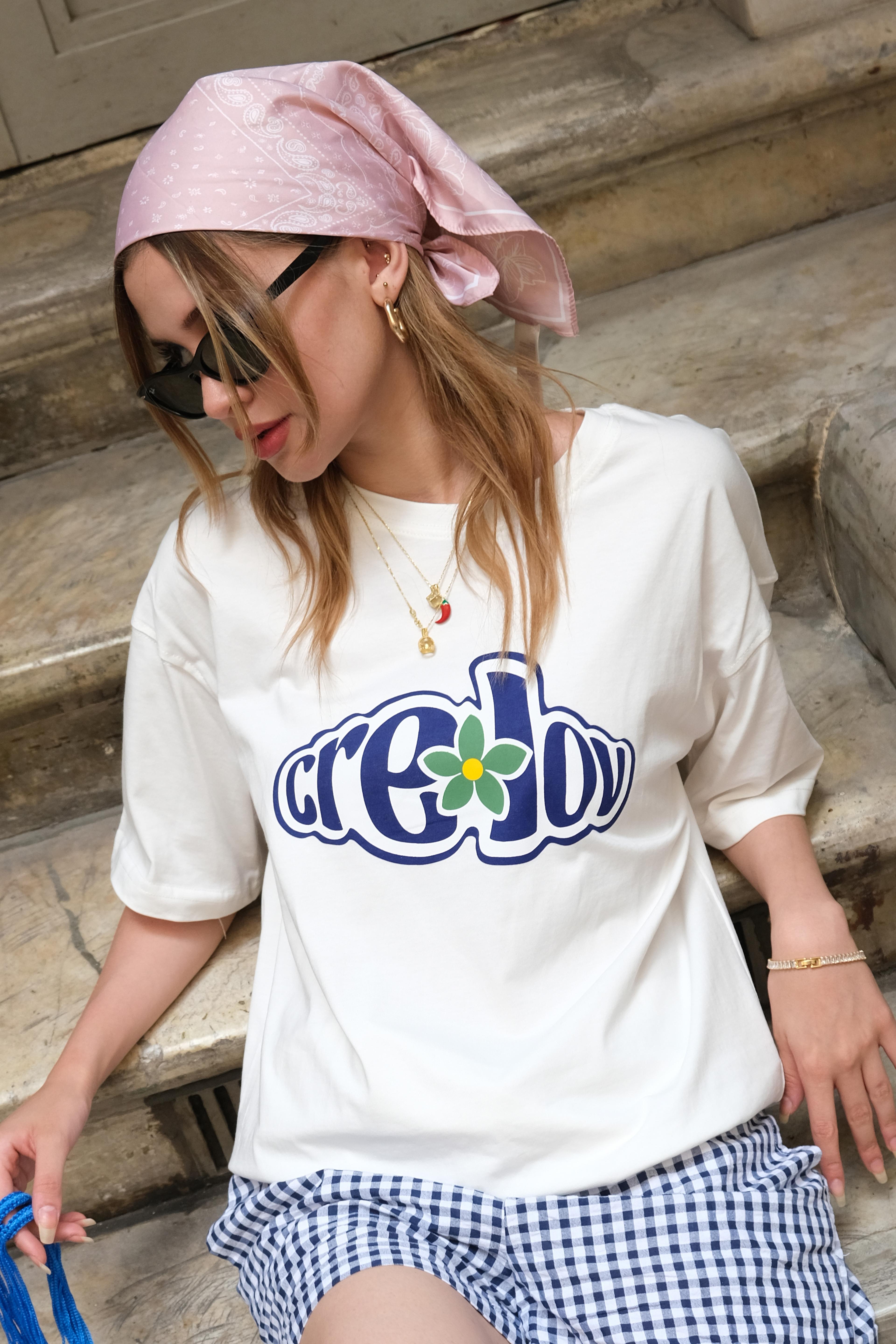 Kadın Crelov Logo Beyaz Oversize T-shirt