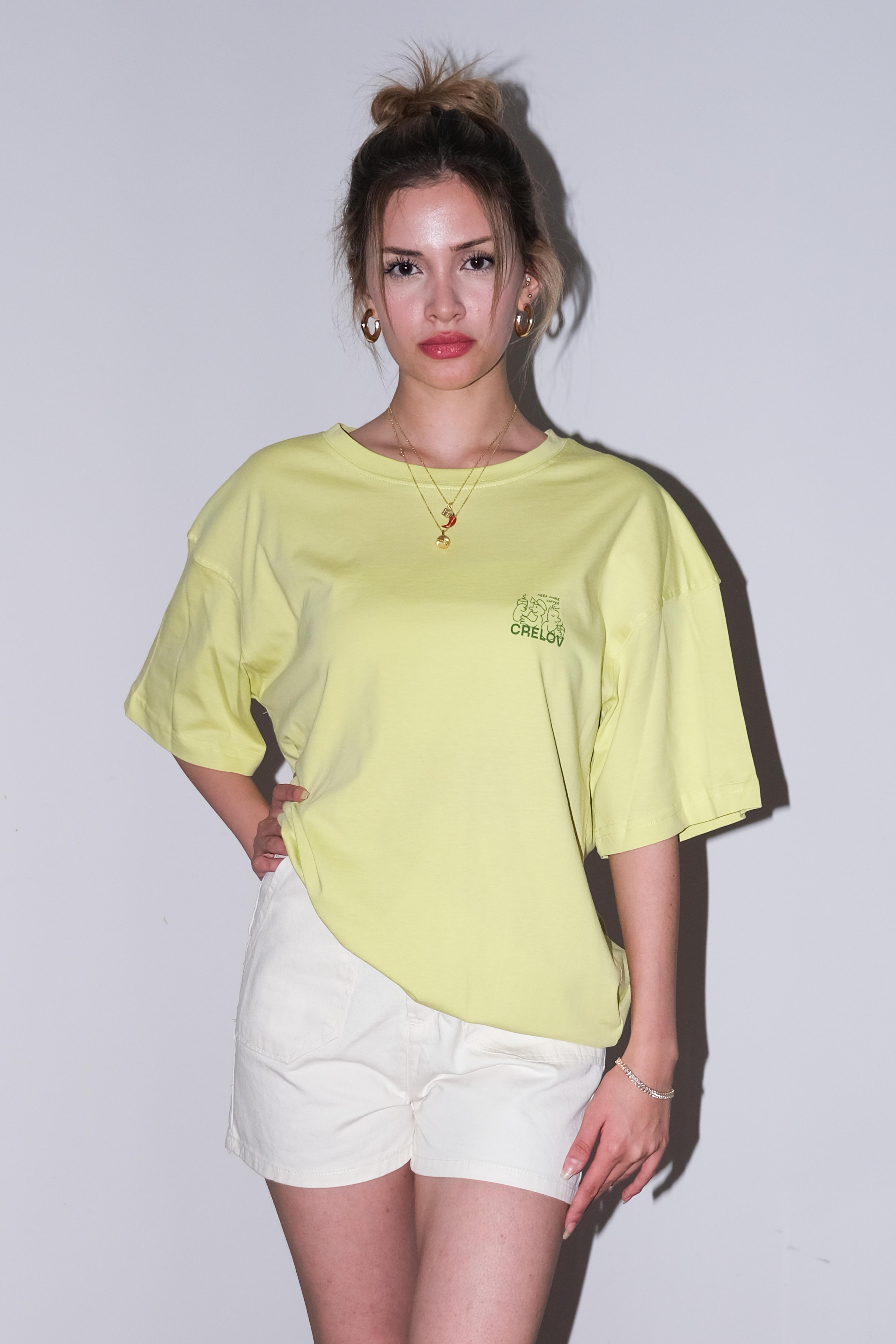 Kadın Need More Coffee Lime Oversize T-shirt