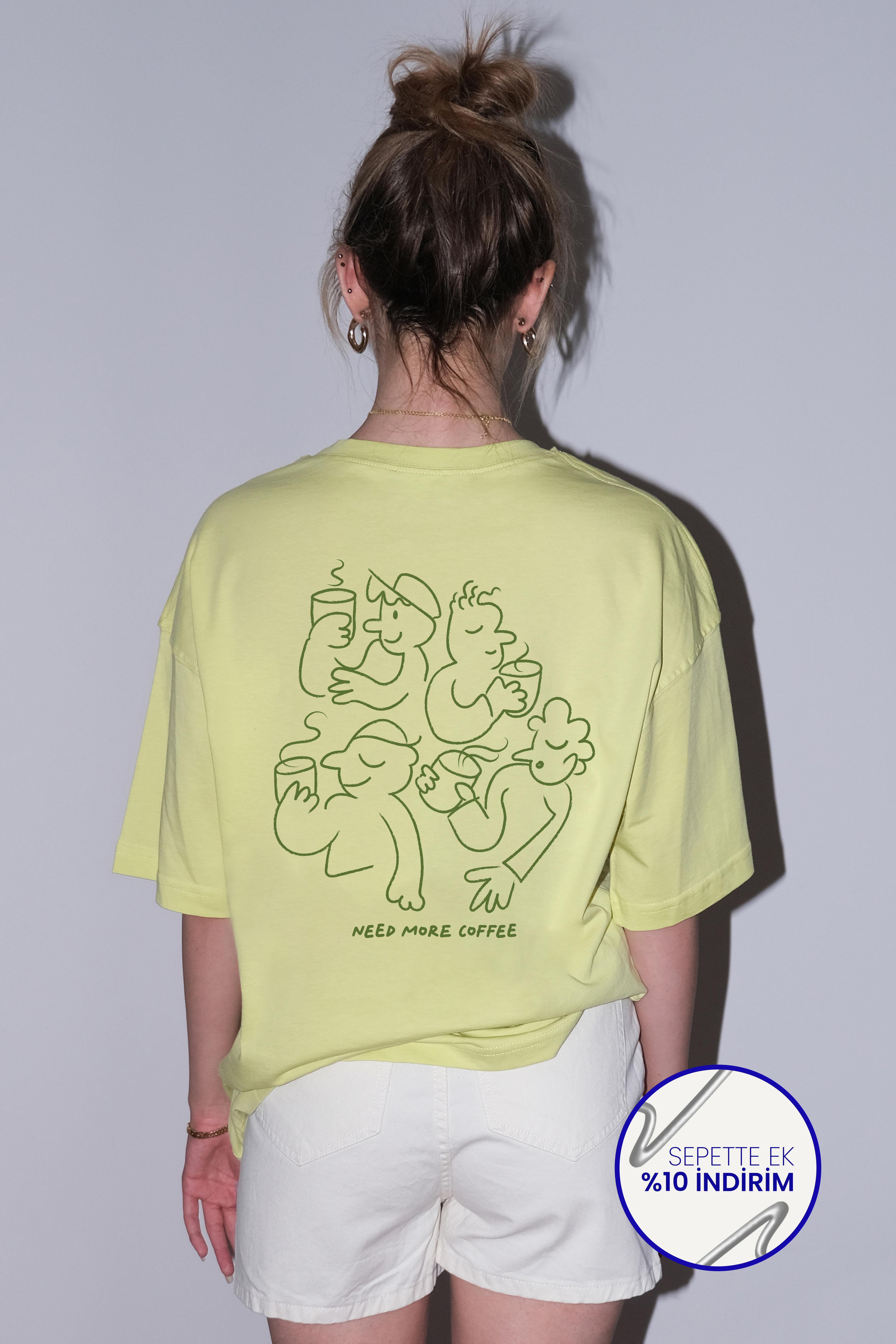 Kadın Need More Coffee Lime Oversize T-shirt