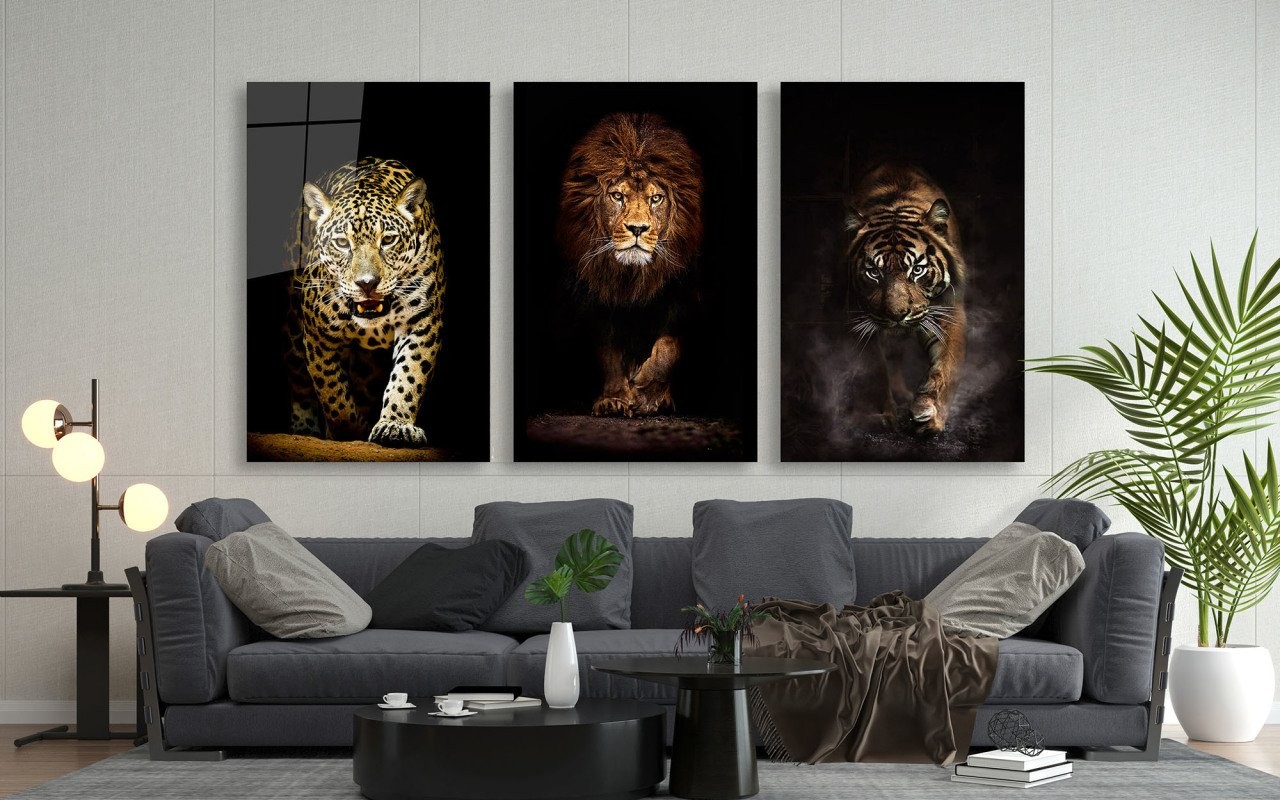 (Aslan, Kaplan ve Jaguar) Cam 138x72 Cm (3 parça her parça 46x72 Cm)