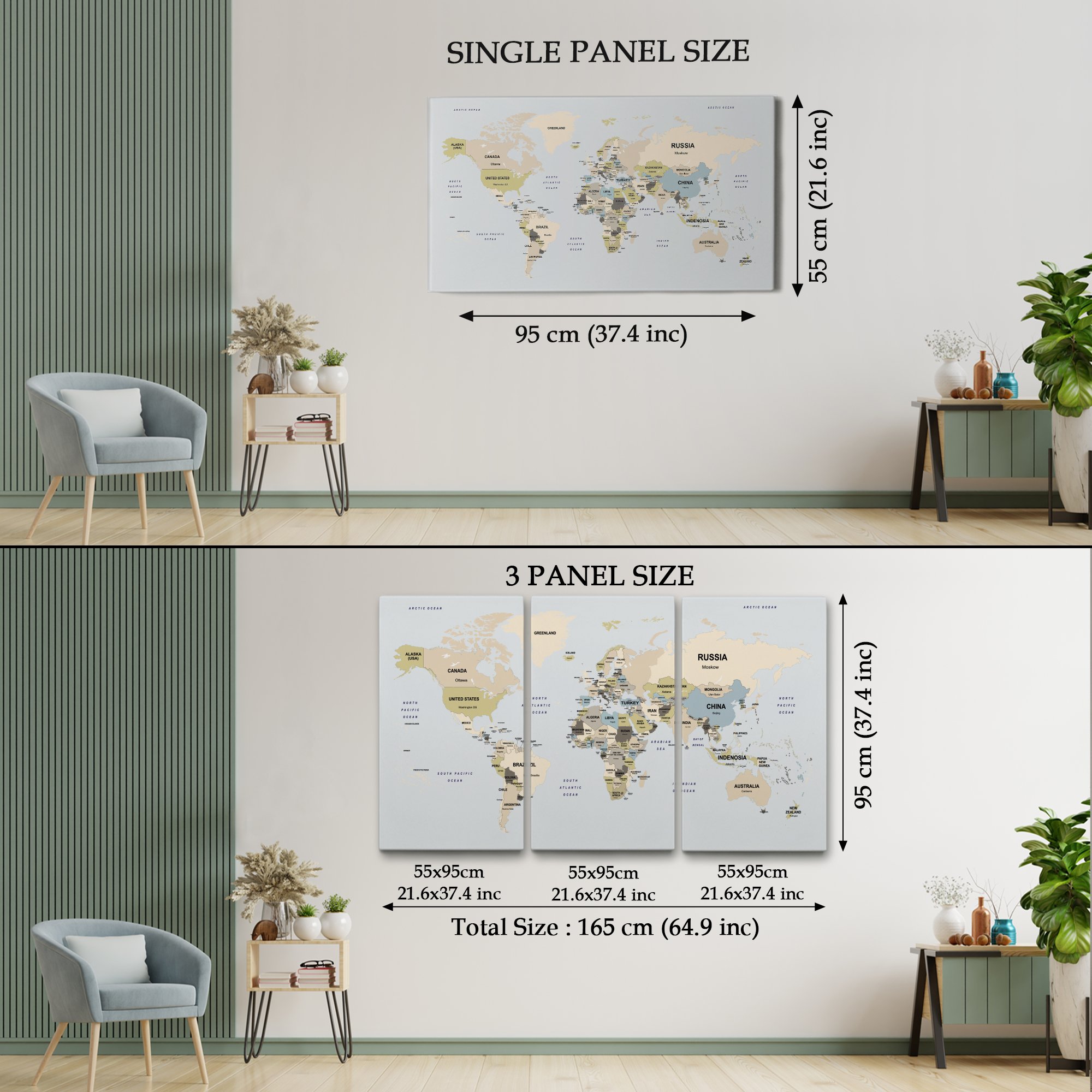 Dünya Haritası Kanvas Tablo  Ülke Başkent Detaylı ve Dekoratif ( ÜÇ PARÇA )