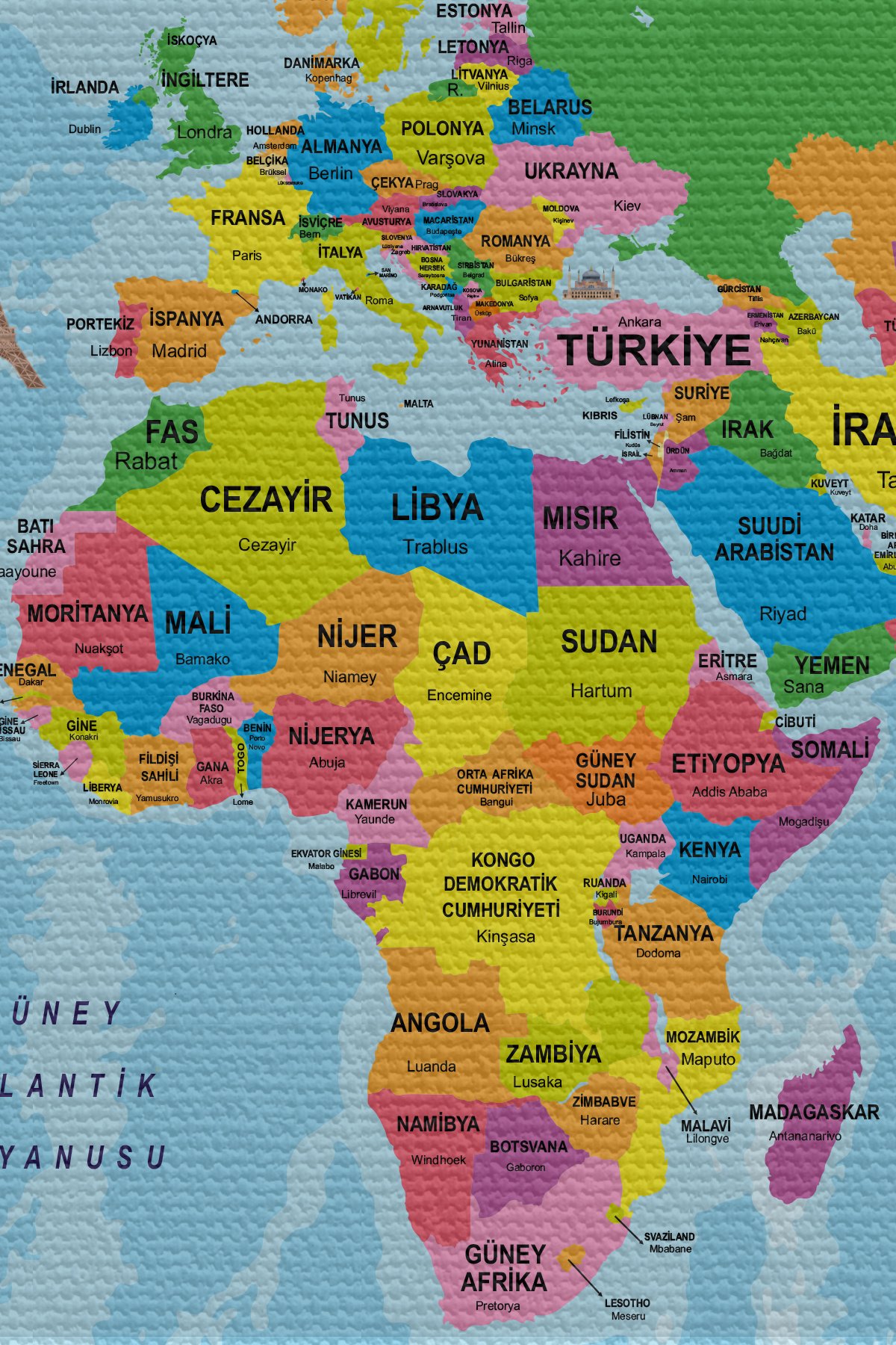 Duvar Örtüsü / Halısı Detaylı Güncel Türkçe Dünya Haritası  Kaliteli Kanvas Kumaş
