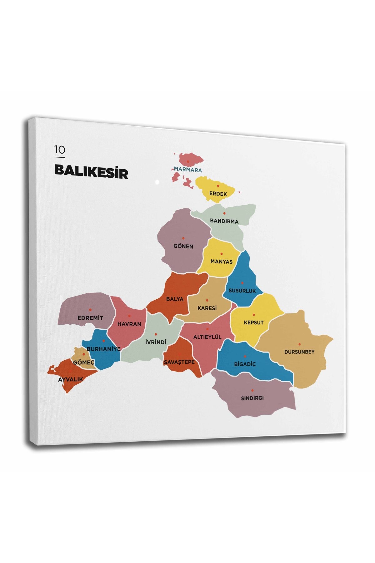 Balıkesir İli ve İlçeler Haritası  Dekoratif Kanvas Tablo 1280