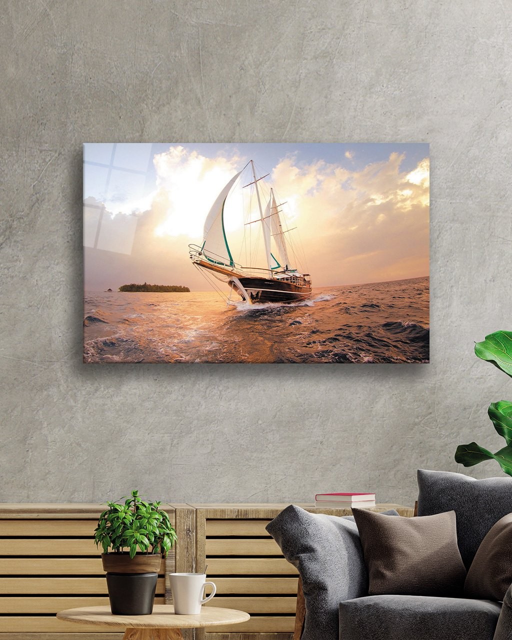 Gün Batımı Deniz Gemi Cam Tablo 4mm Dayanıklı Temperli Cam