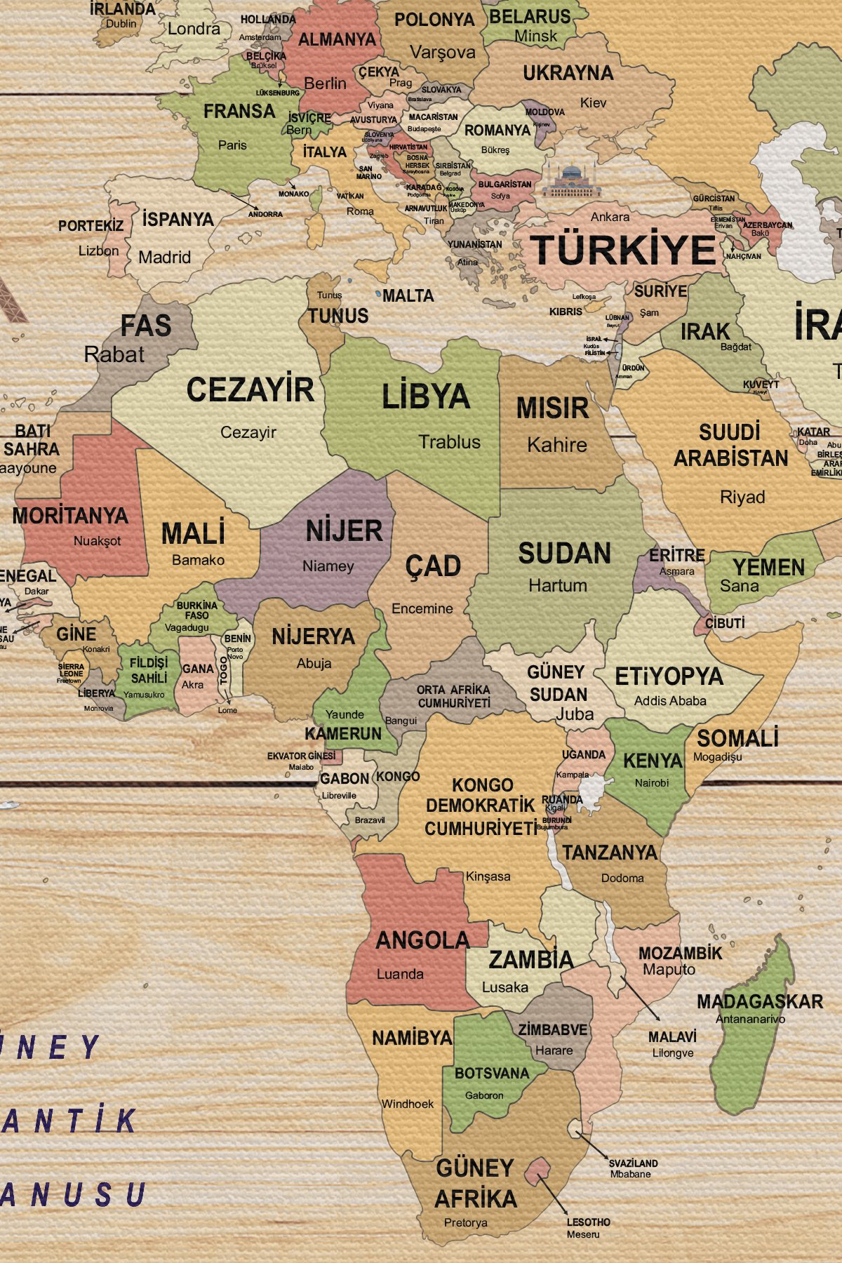 Ahşap Görünümlü Türkçe Dünya Haritası Dekoratif Kanvas Tablo 2088