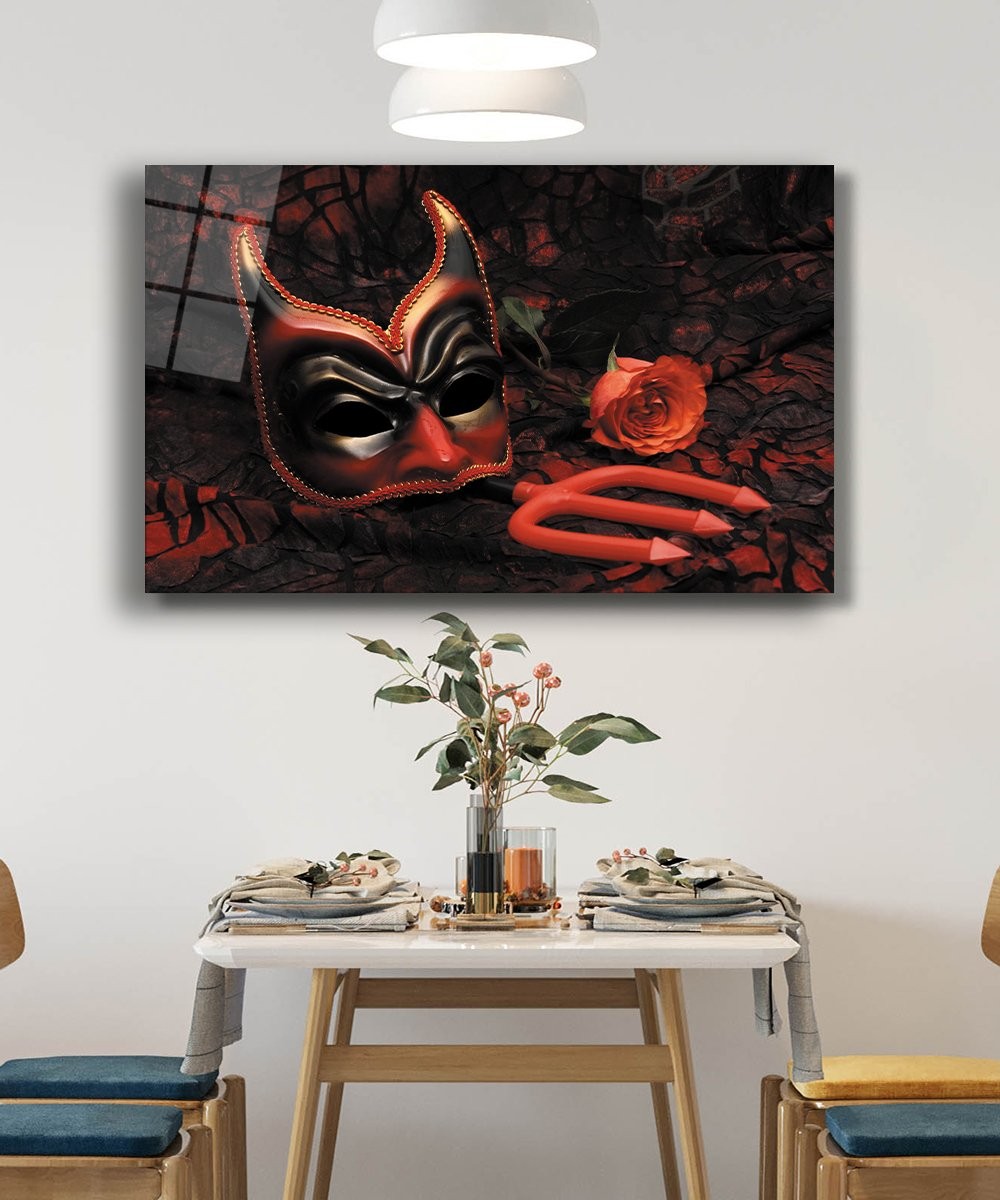 Maske Kırmızı Gül Cam Tablo 4mm Dayanıklı Temperli Cam
