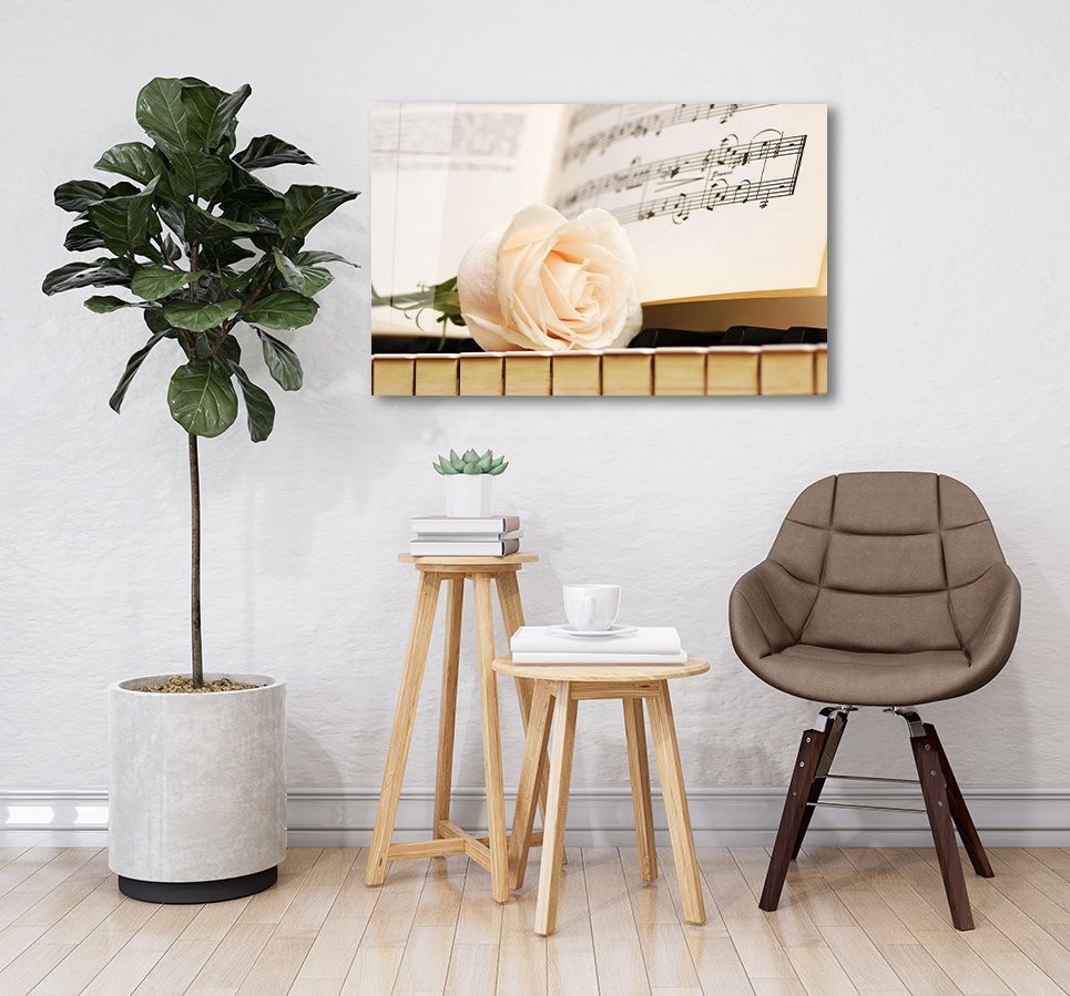 Beyaz Gül ve Müzik Cam Tablo 4mm Dayanıklı Temperli Cam