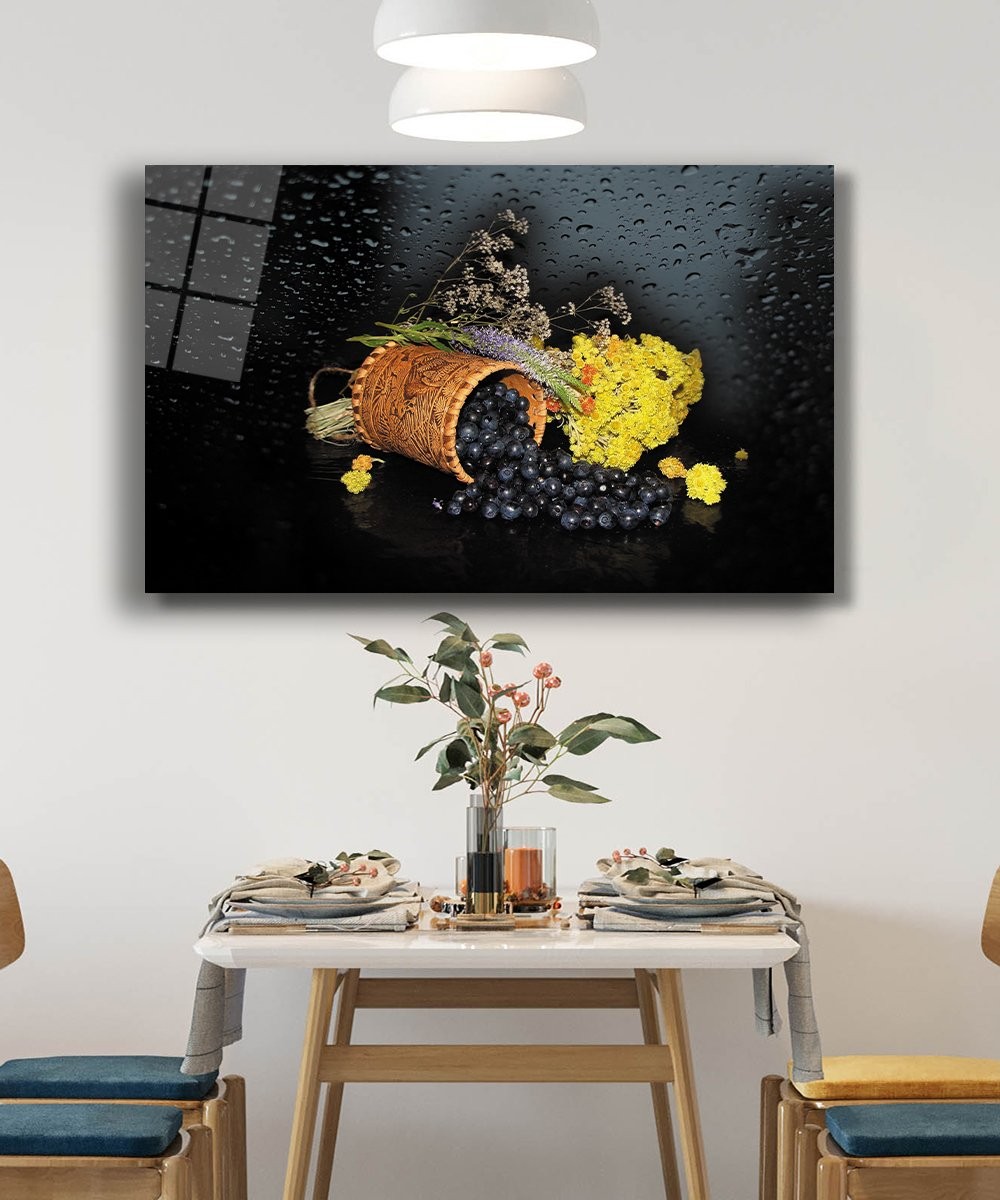 Meyve Bitki Su Damlası Naturmort Cam Tablo