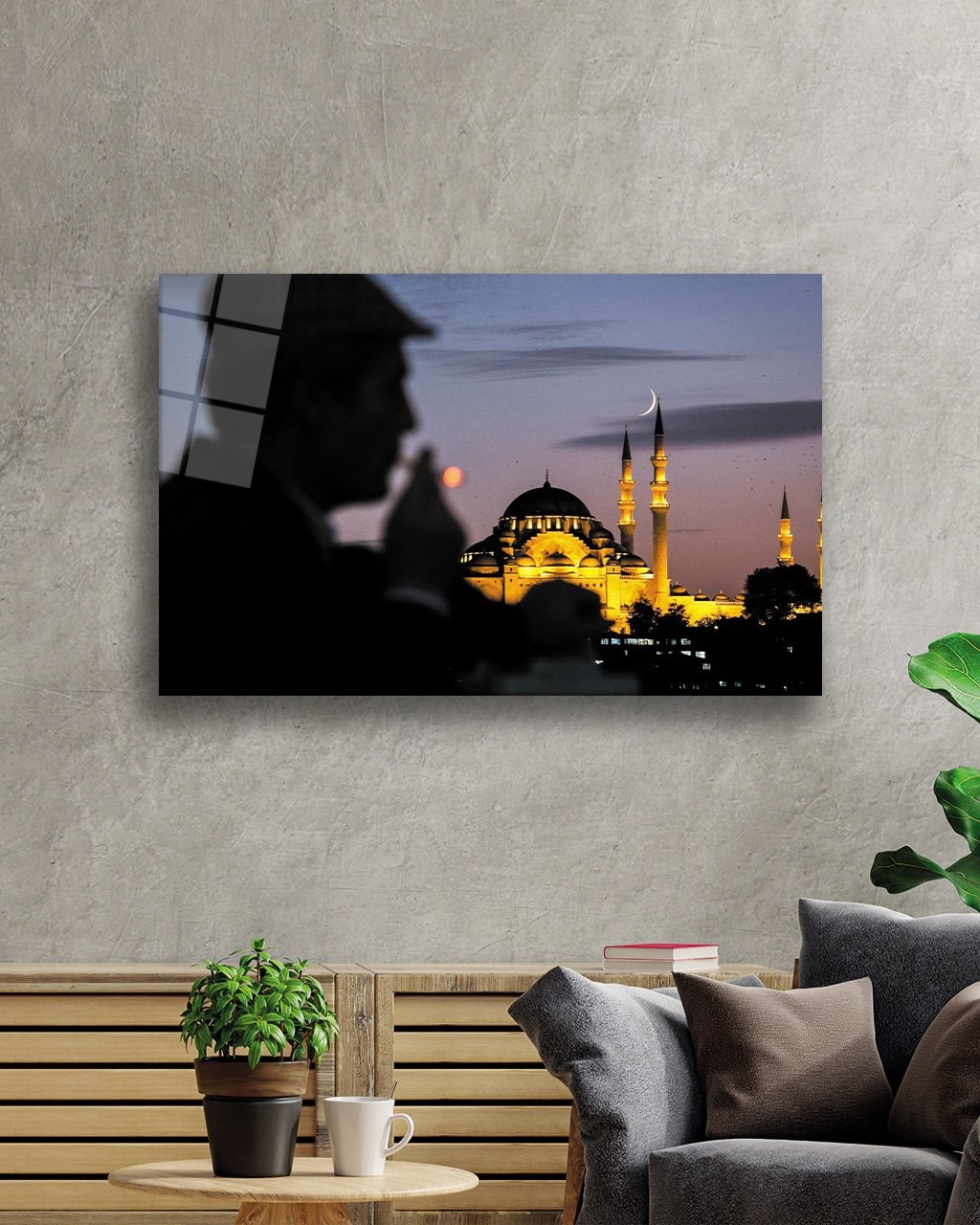 Şapkalı Adam Ve Camii  4mm Dayanıklı  Cam Tablo Temperli Cam