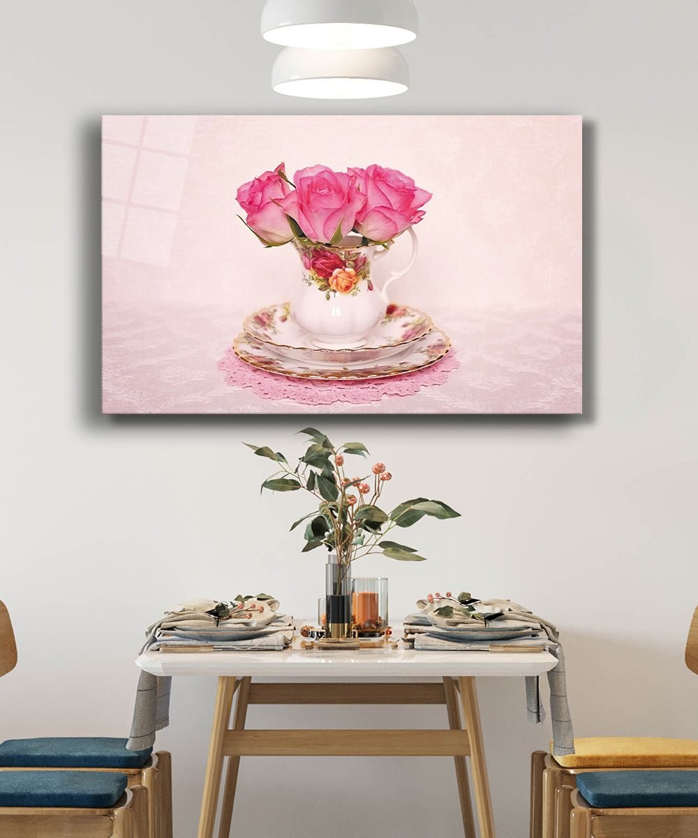 Fincanda Pembe Güller Cam Tablo 4mm Dayanıklı Temperli Cam
