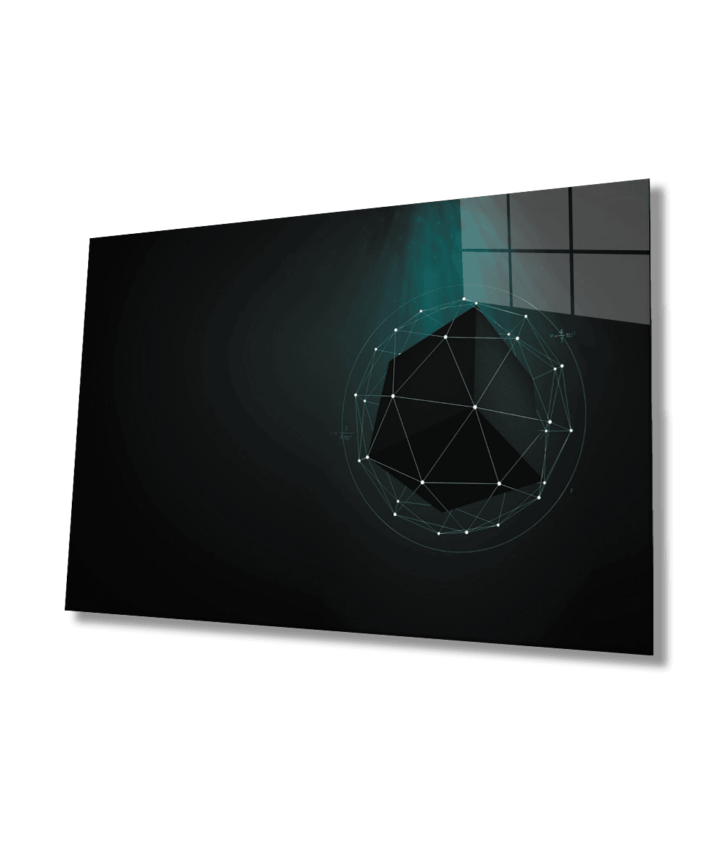 Siyah Yeşil Küp Bilim Cam Tablo  4mm Dayanıklı Temperli Cam Black Green Cube Science Glass Wall Art