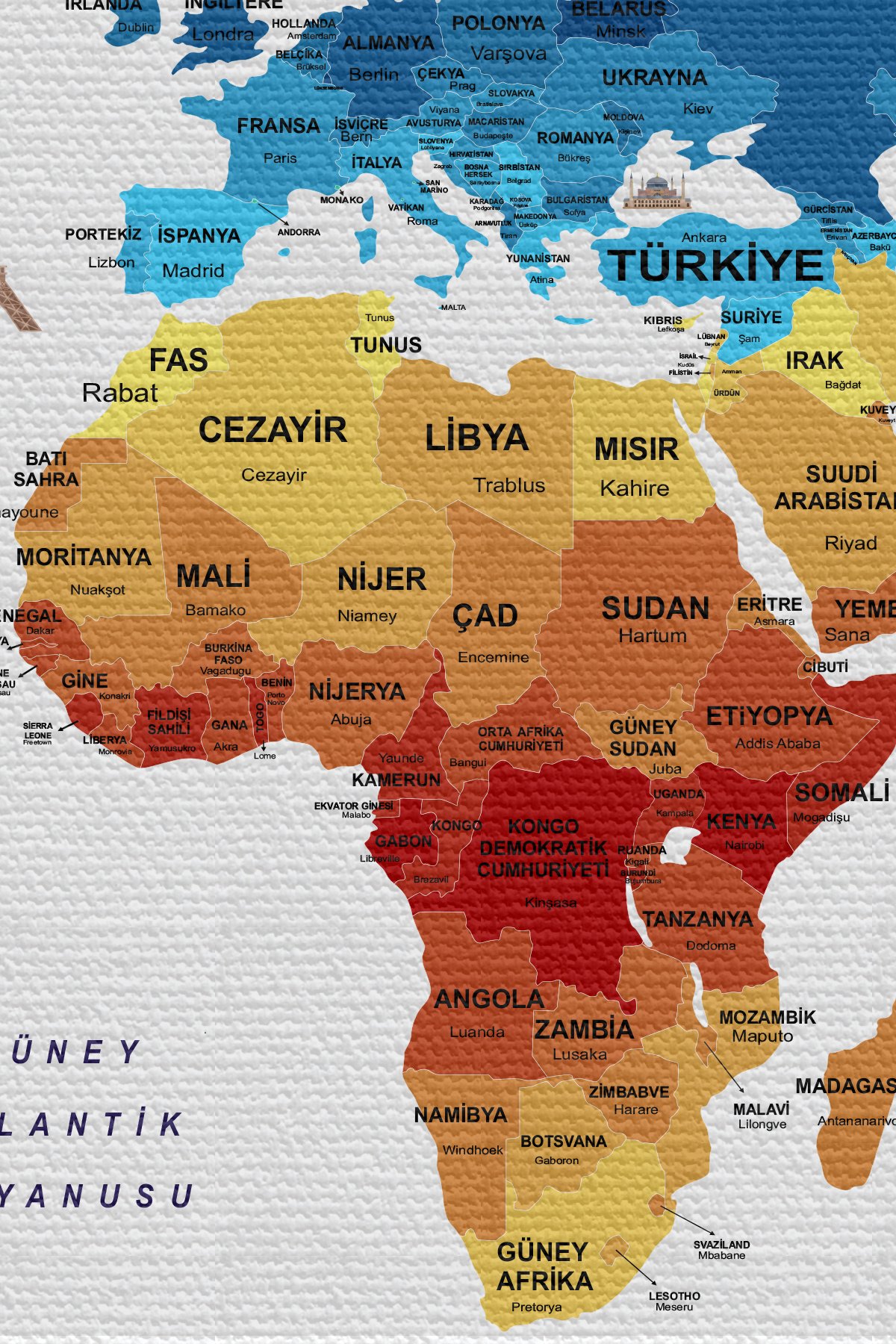 Duvar Örtüsü  Bayrak Detaylı Türkçe Güncel Dünya Haritası Kanvas Duvar Halısı
