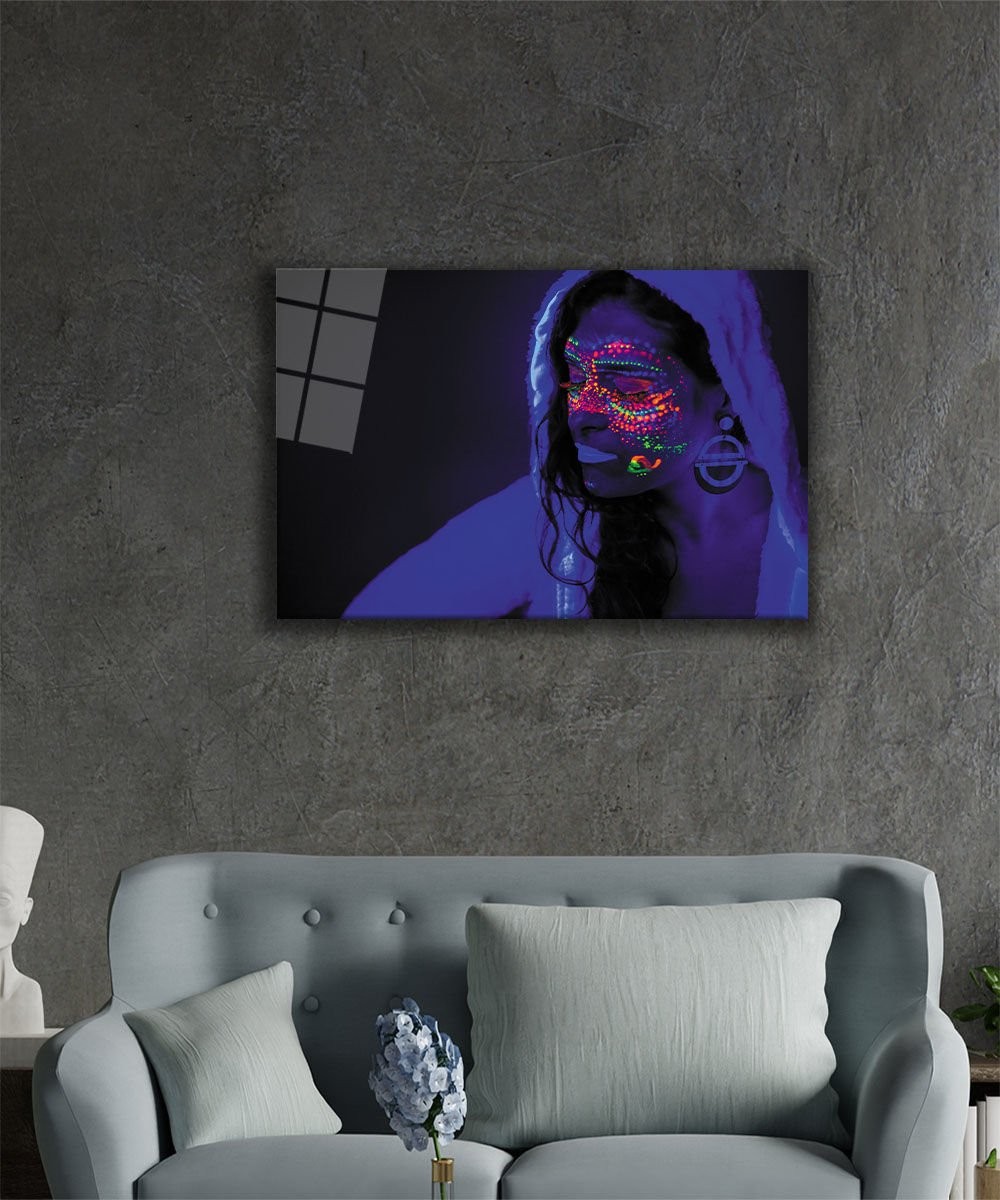 Neon Makyajlı Kadın Cam Tablo  4mm Dayanıklı Temperli Cam,  Woman with Neon Makeup Glass Wall Art
