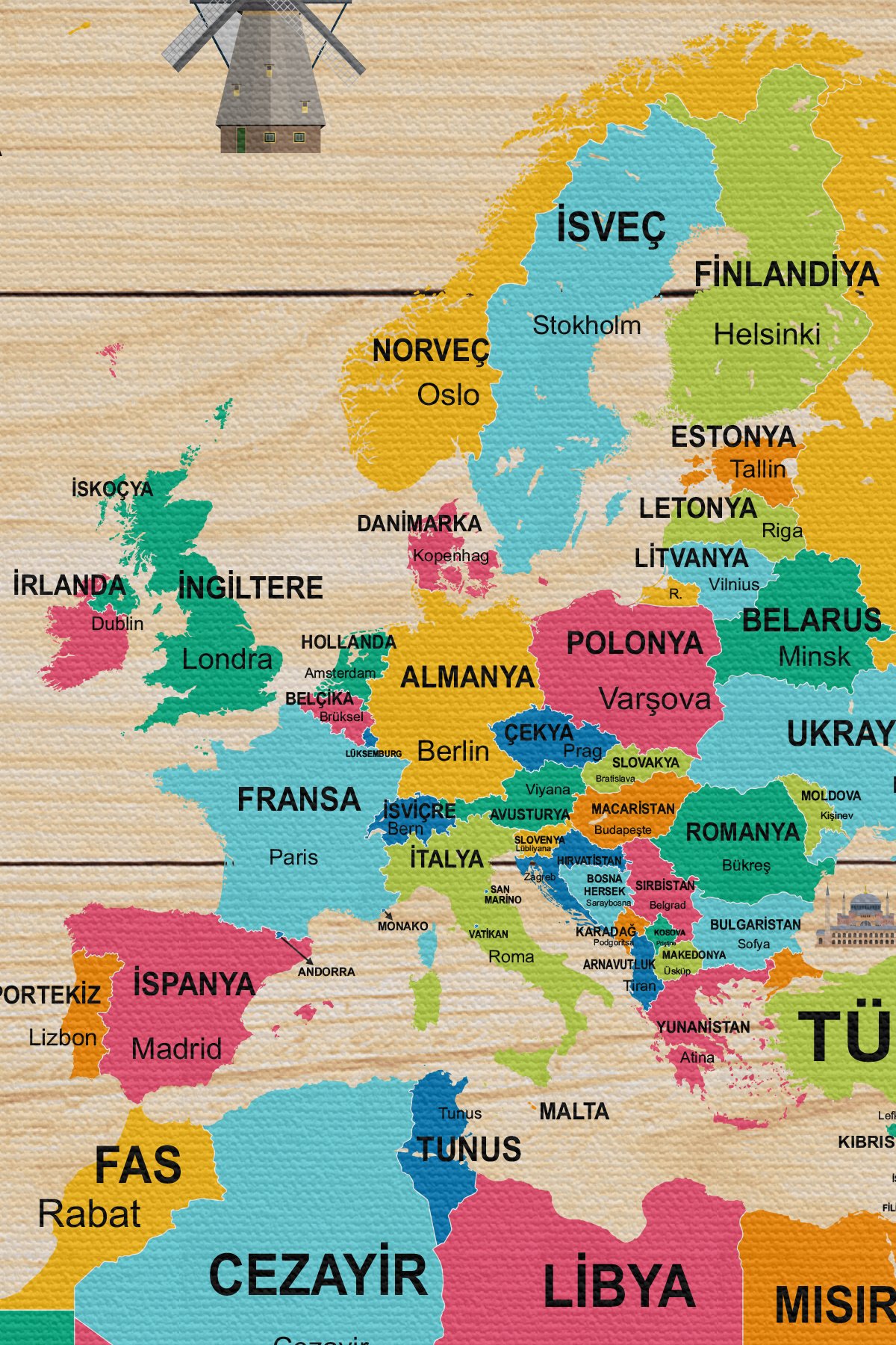 Ahşap Görünümlü Türkçe Dünya Haritası Dekoratif Kanvas Tablo 2096