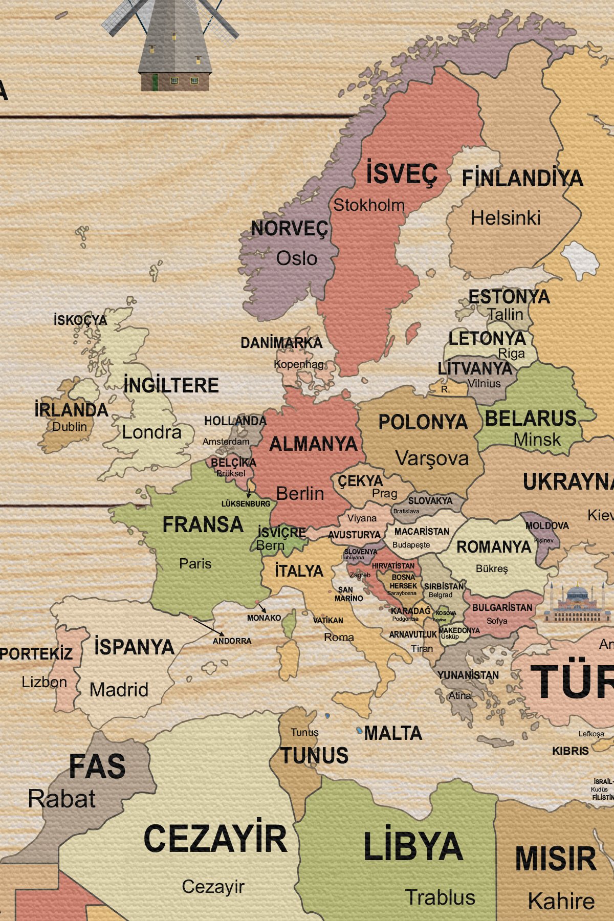 Ahşap Görünümlü Türkçe Dünya Haritası Dekoratif Kanvas Tablo 2088