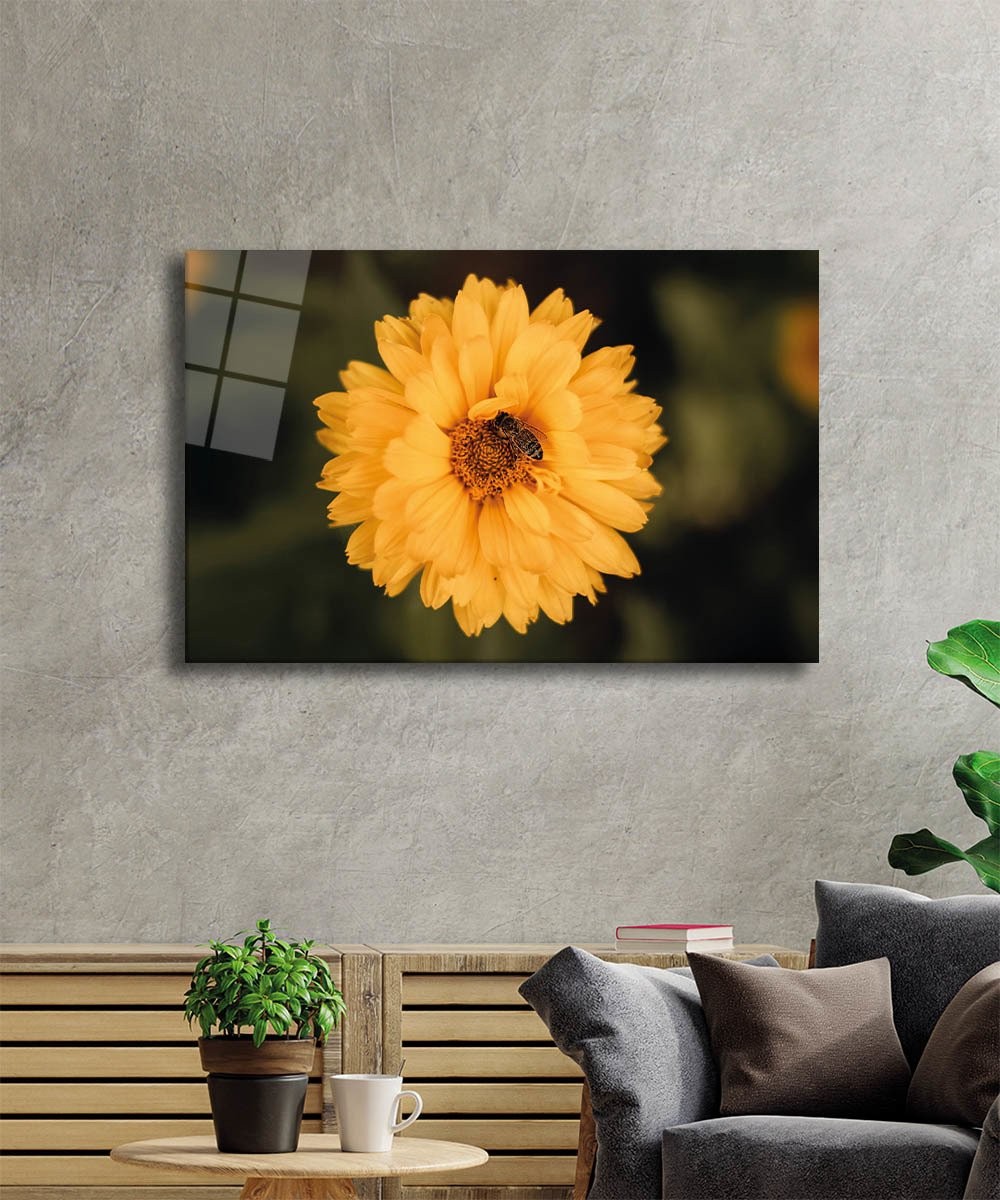 Sarı Çiçek-4 Cam Tablo  4mm Dayanıklı Temperli Cam, Yellow Glass Wall Decor