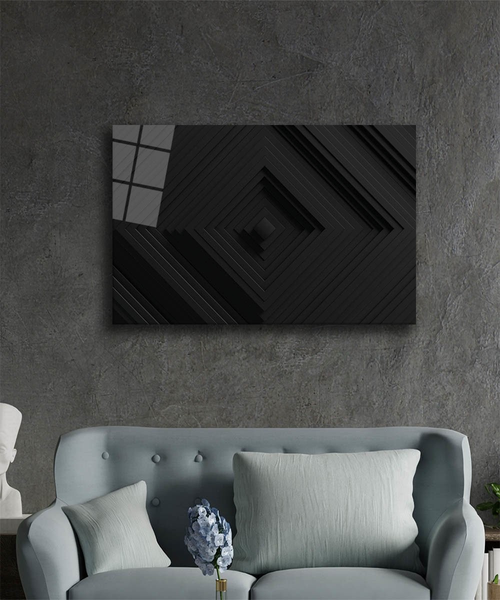 Siyah Geometrik Mimari Cam Tablo 4mm Dayanıklı Temperli Cam, Black